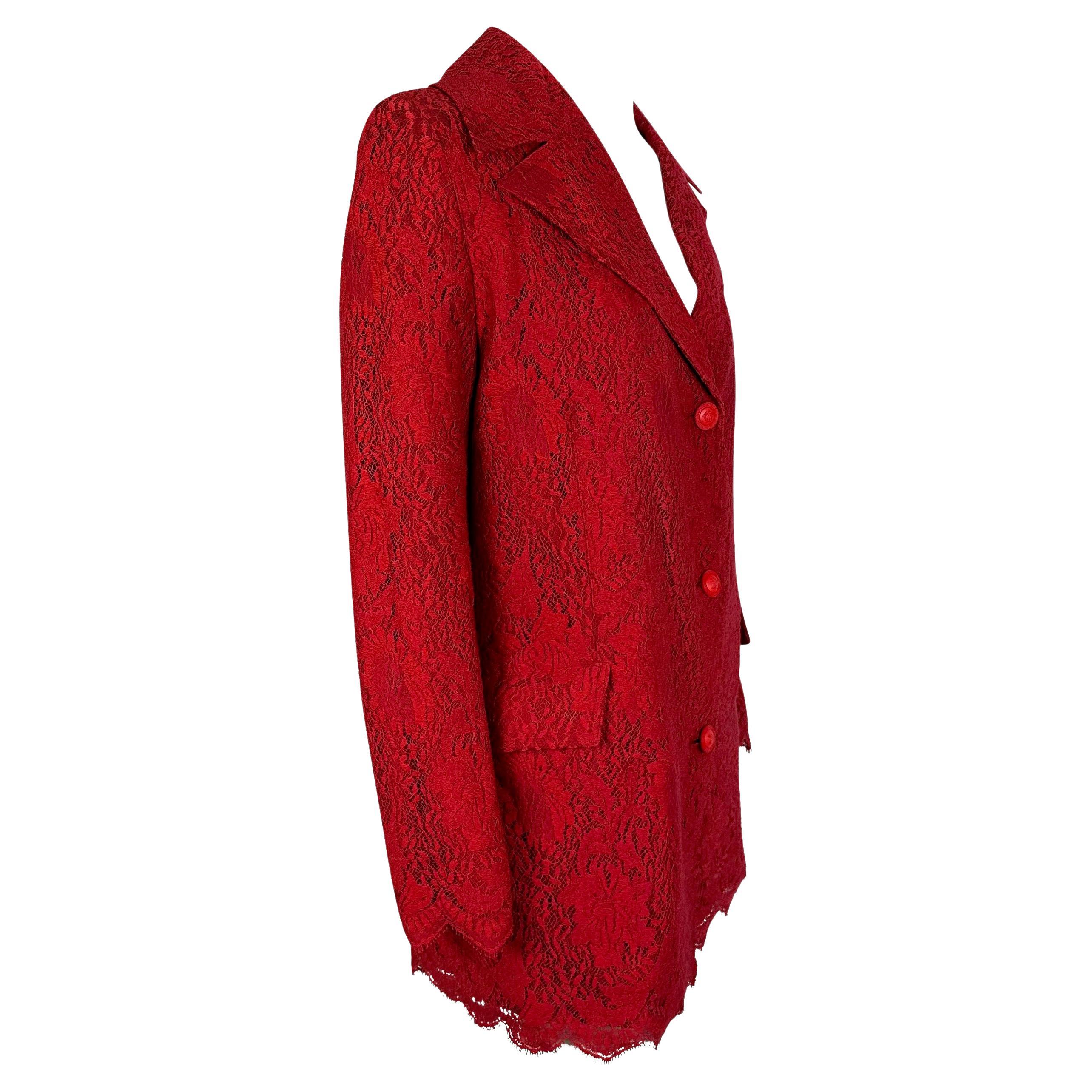1996 Gianni Versace Red Lace Overlay Monochrome Medusa Coat In Good Condition For Sale In West Hollywood, CA