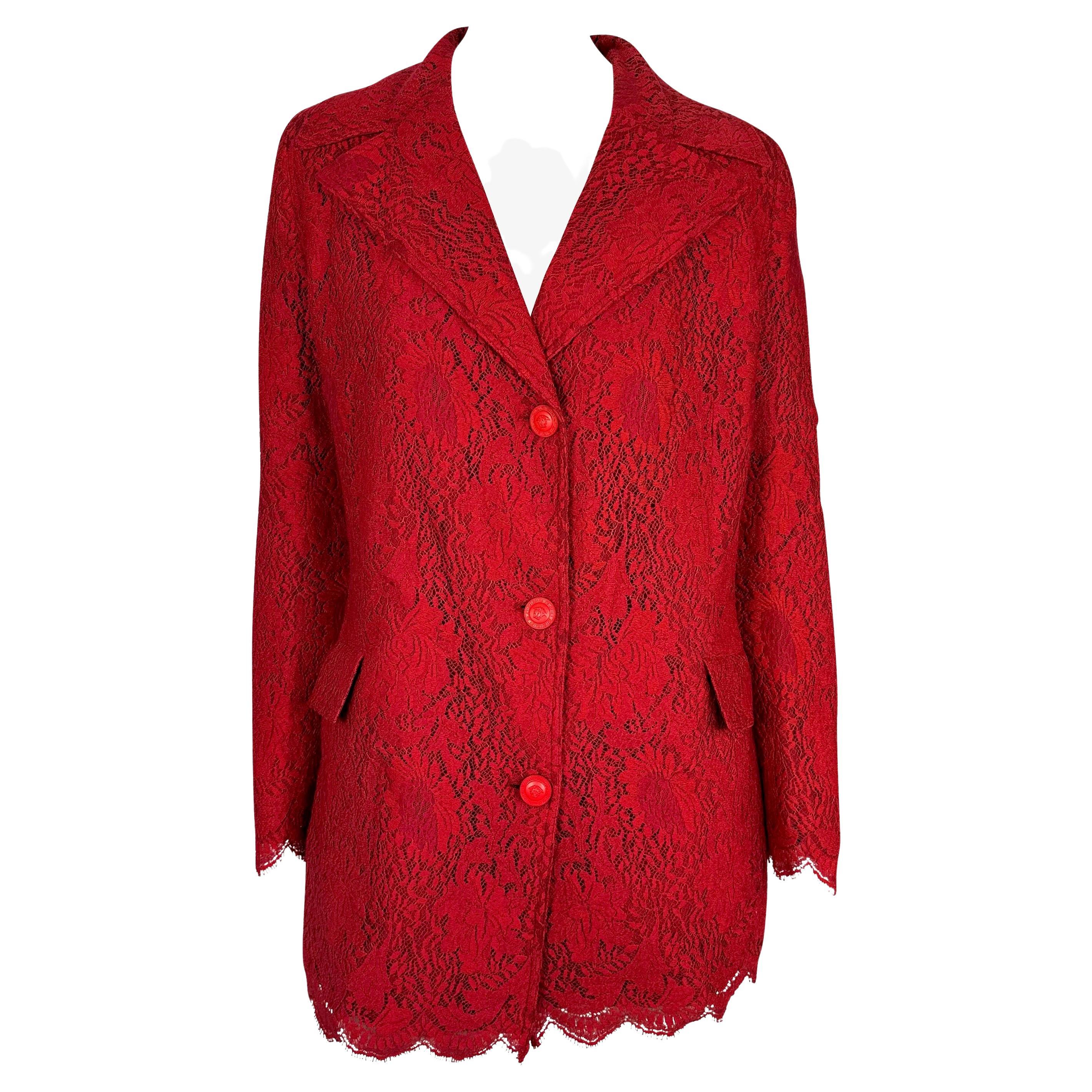 1996 Gianni Versace Red Lace Overlay Monochrome Medusa Coat
