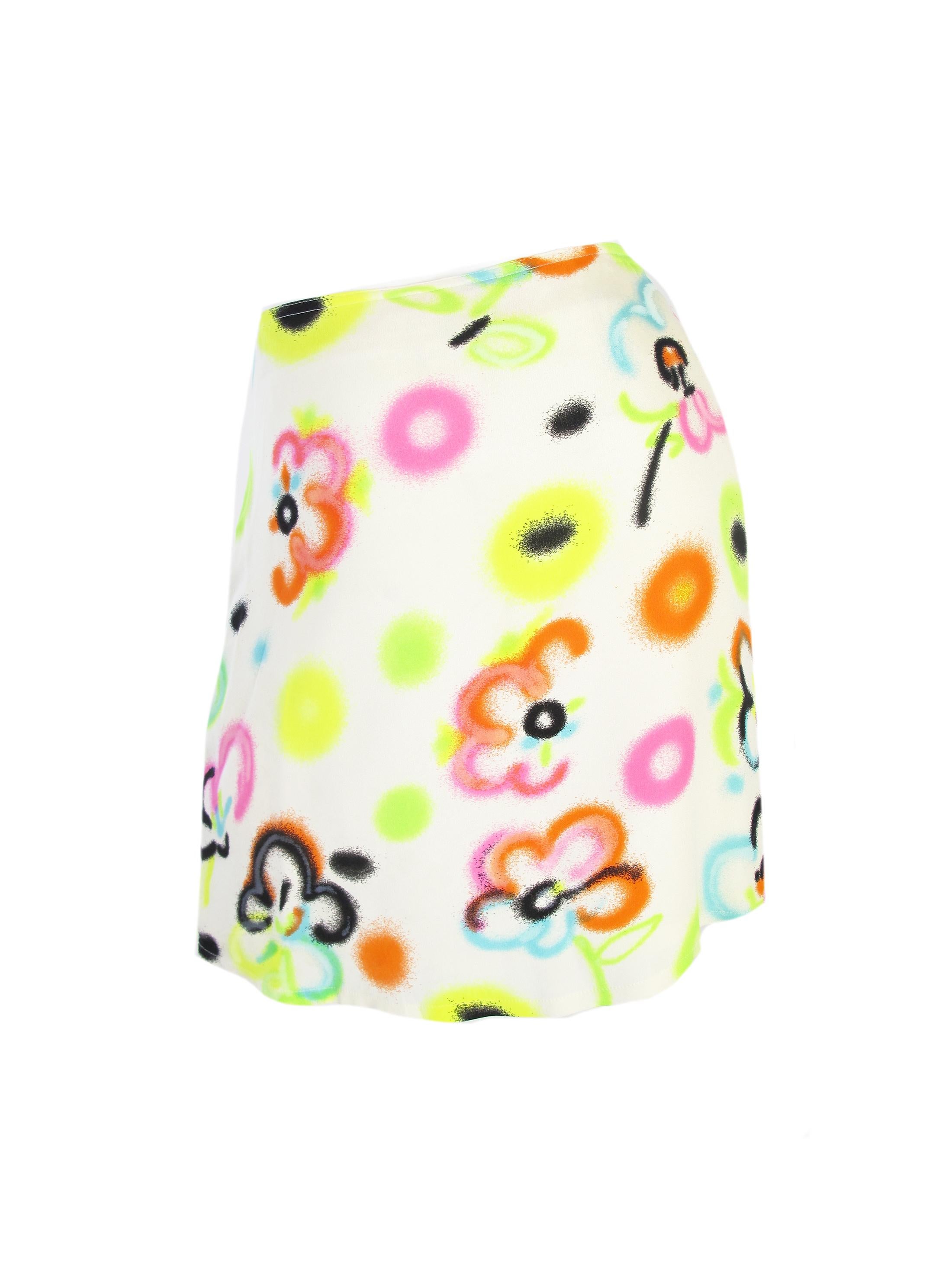 Beige 1996 Gianni Versace Silk Neon Floral Print Mini Skirt