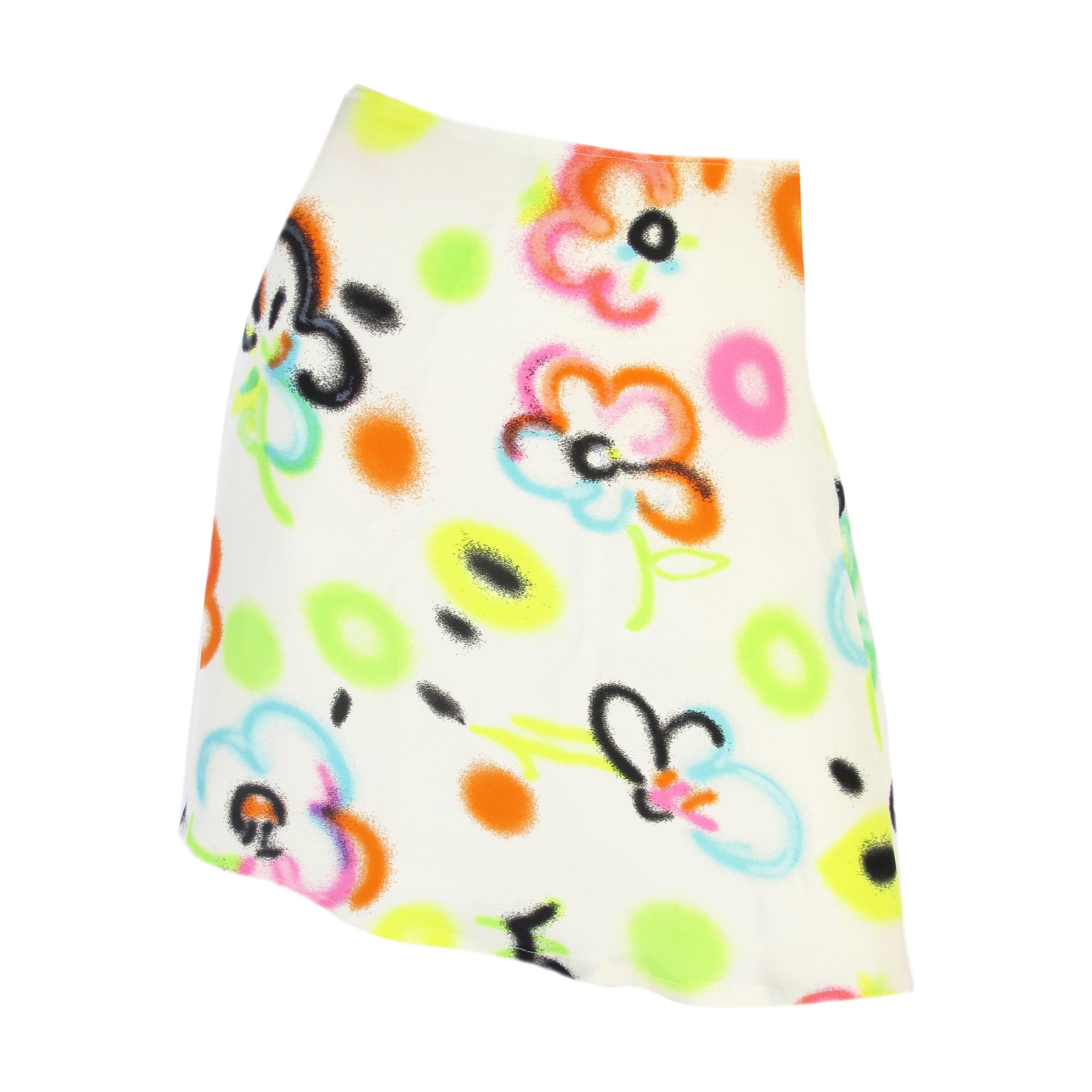 1996 Gianni Versace Silk Neon Floral Print Mini Skirt