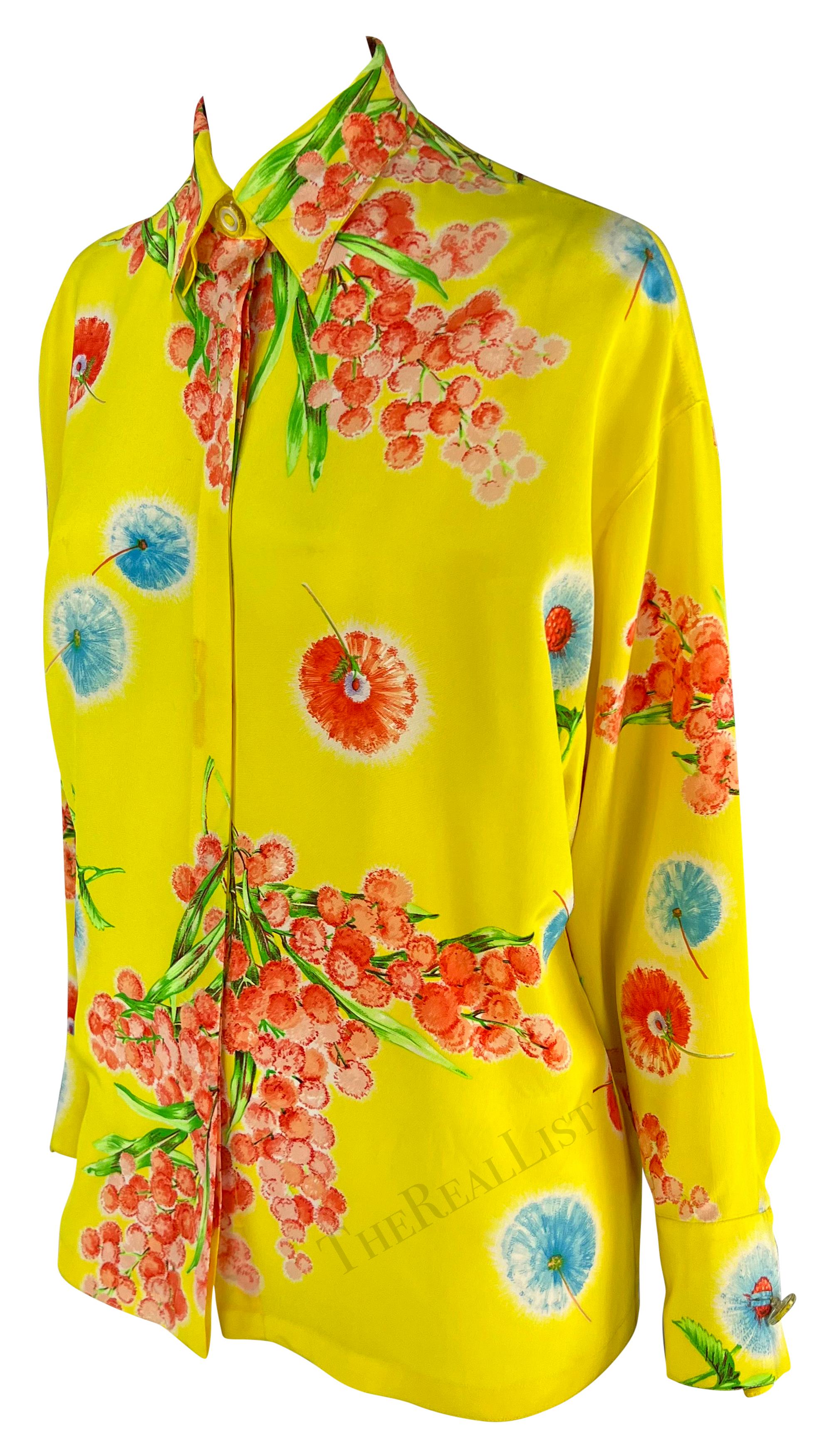 1996 Gianni Versace Yellow Floral Silk Button Up Medusa In Excellent Condition For Sale In West Hollywood, CA