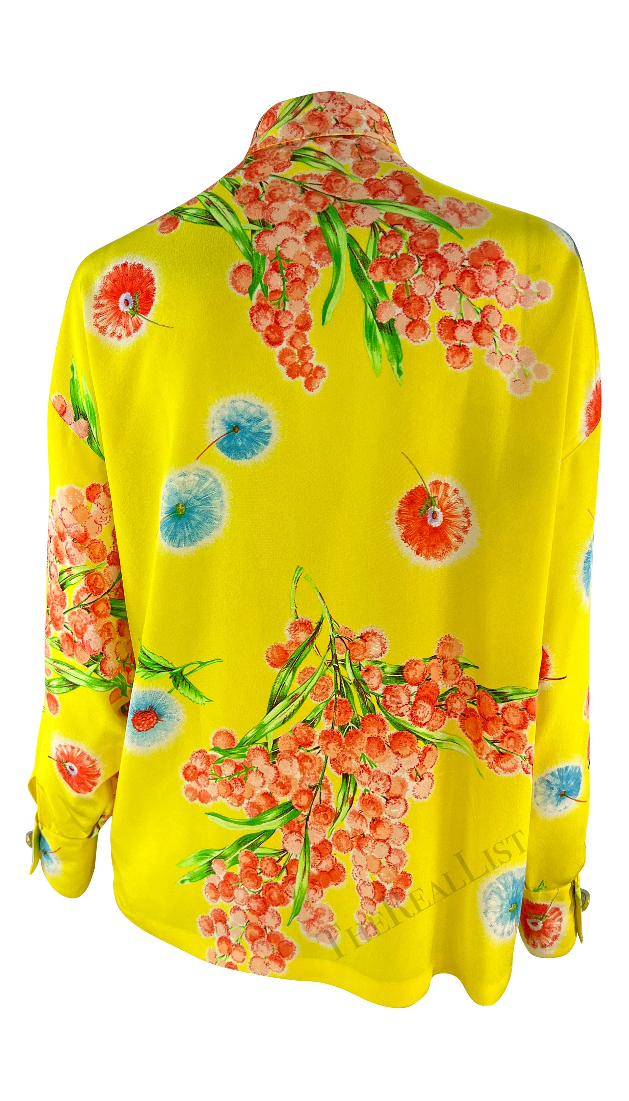 1996 Gianni Versace Yellow Floral Silk Button Up Medusa For Sale 1