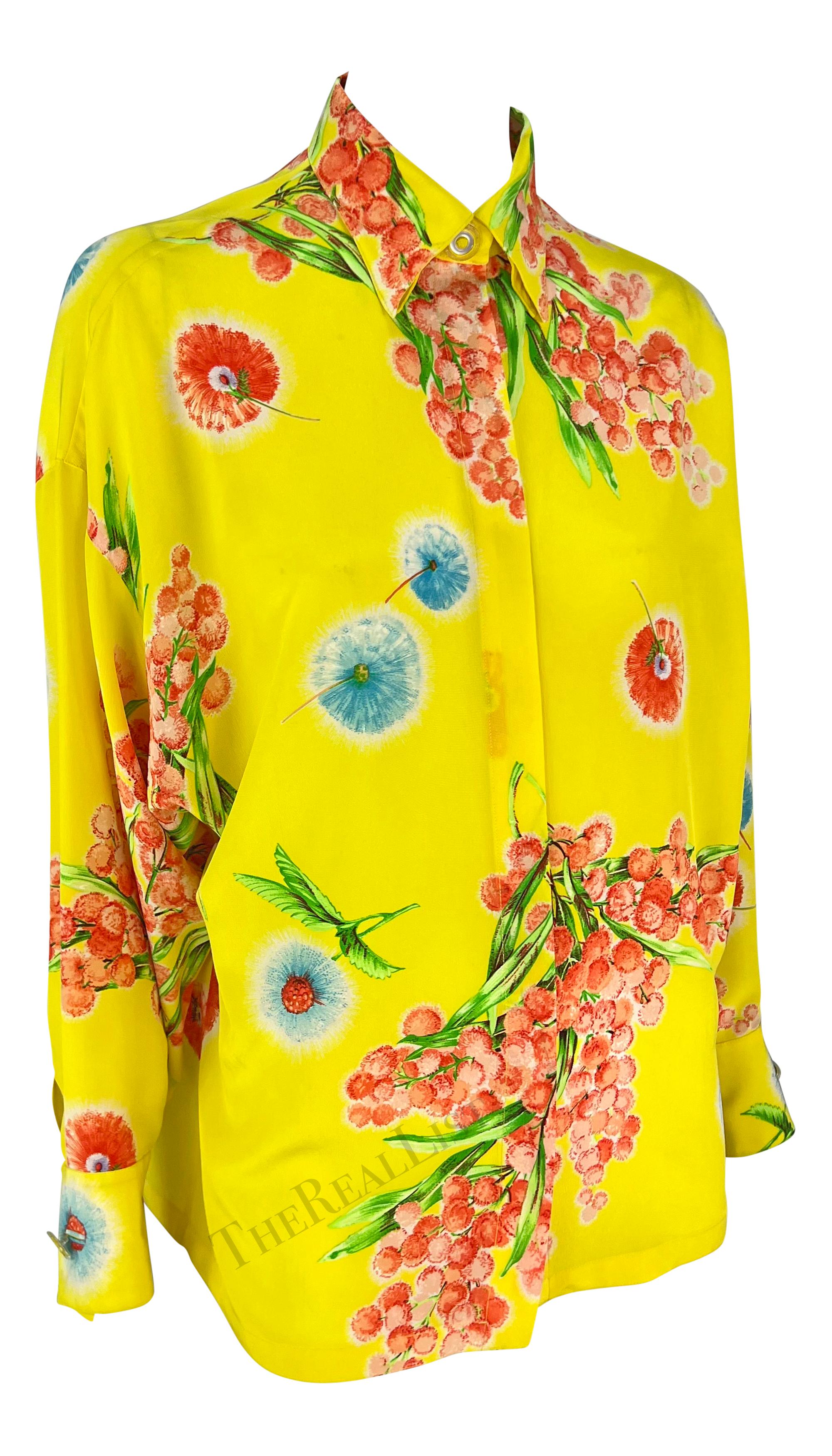 1996 Gianni Versace Yellow Floral Silk Button Up Medusa For Sale 3