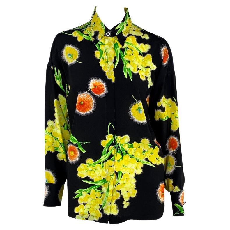 1996 Gianni Versace Yellow Floral Silk Button Up Medusa  For Sale