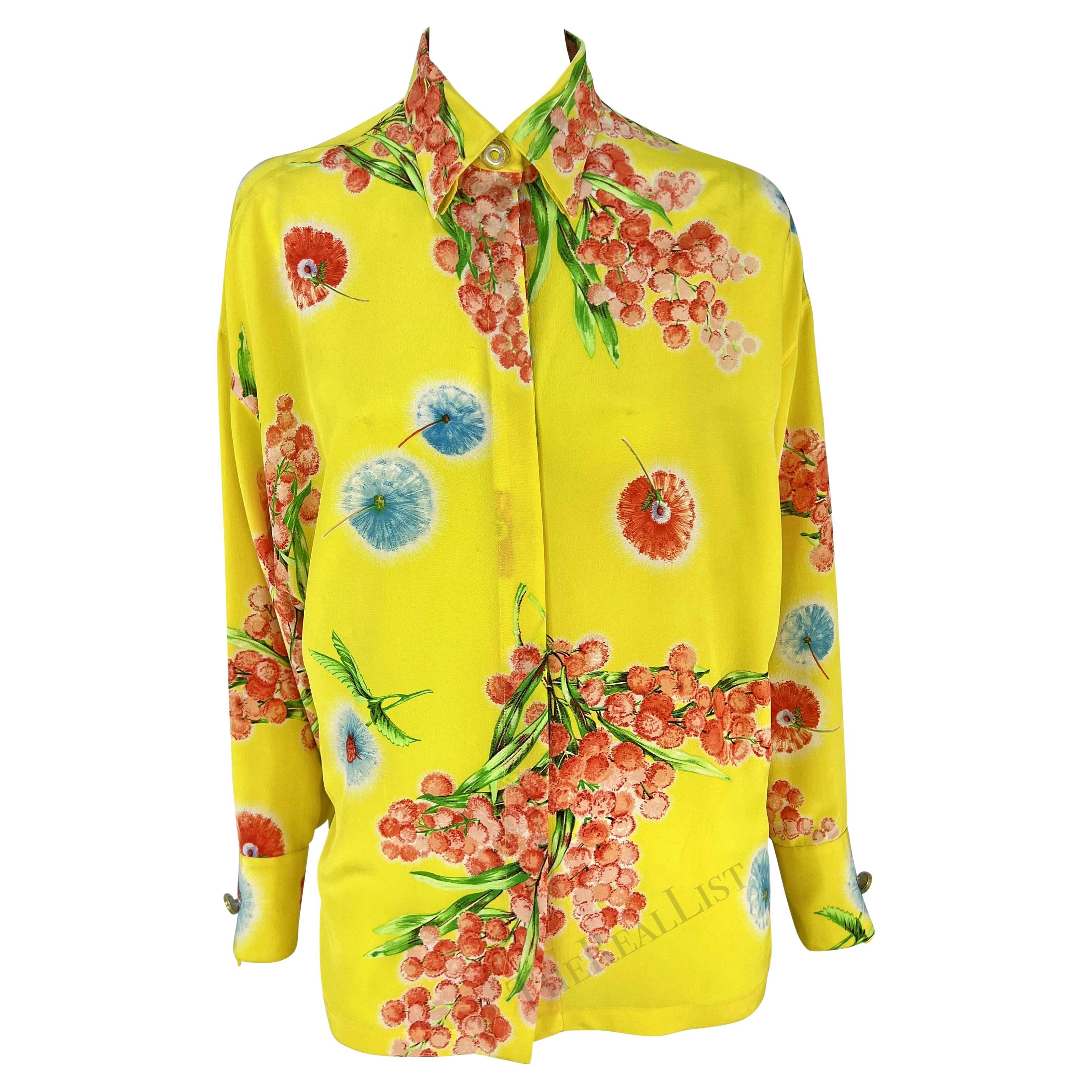 1996 Gianni Versace Yellow Floral Silk Button Up Medusa For Sale