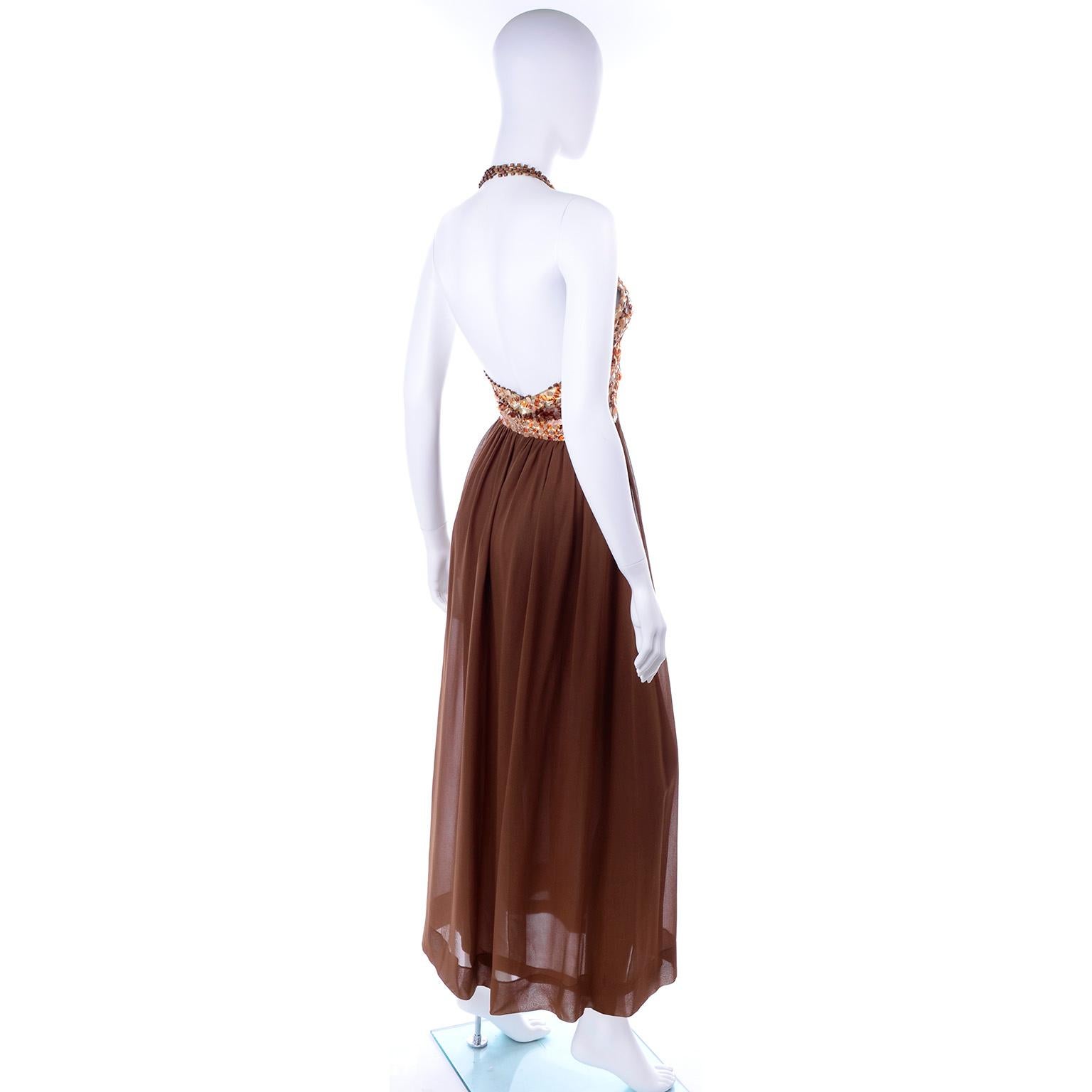 1996 Givenchy Vintage Chocolate Brown Silk Halter Beaded Evening Dress In Excellent Condition For Sale In Portland, OR