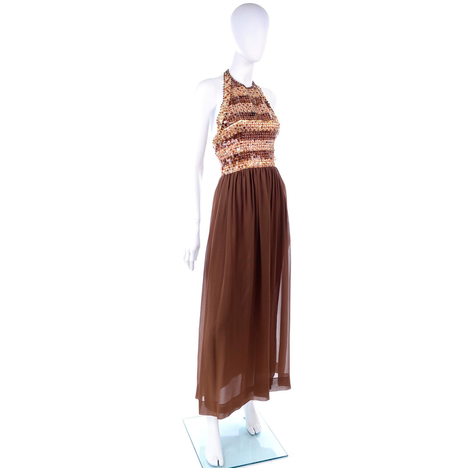 Women's 1996 Givenchy Vintage Chocolate Brown Silk Halter Beaded Evening Dress For Sale