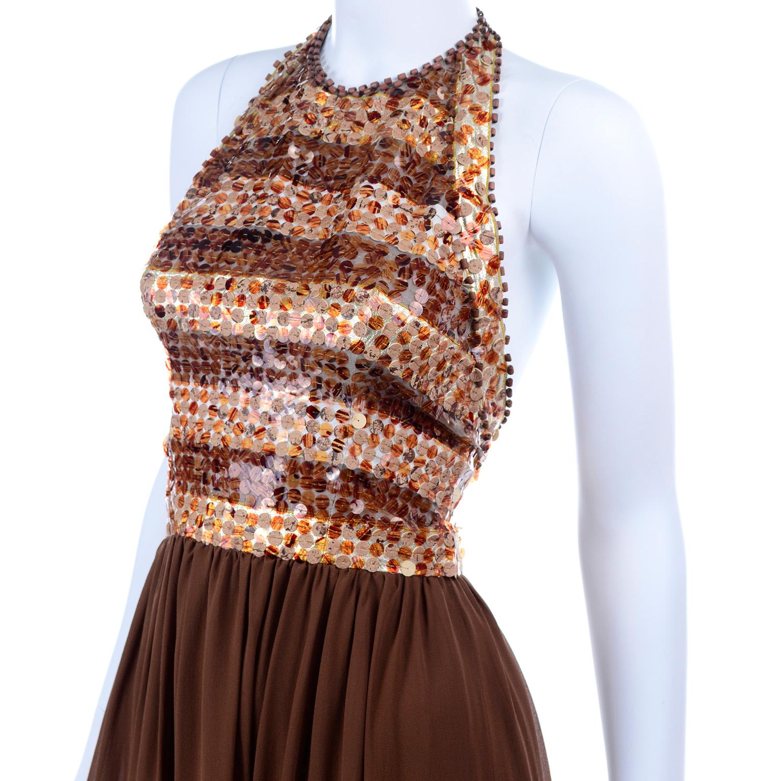 1996 Givenchy Vintage Chocolate Brown Silk Halter Beaded Evening Dress For Sale 1