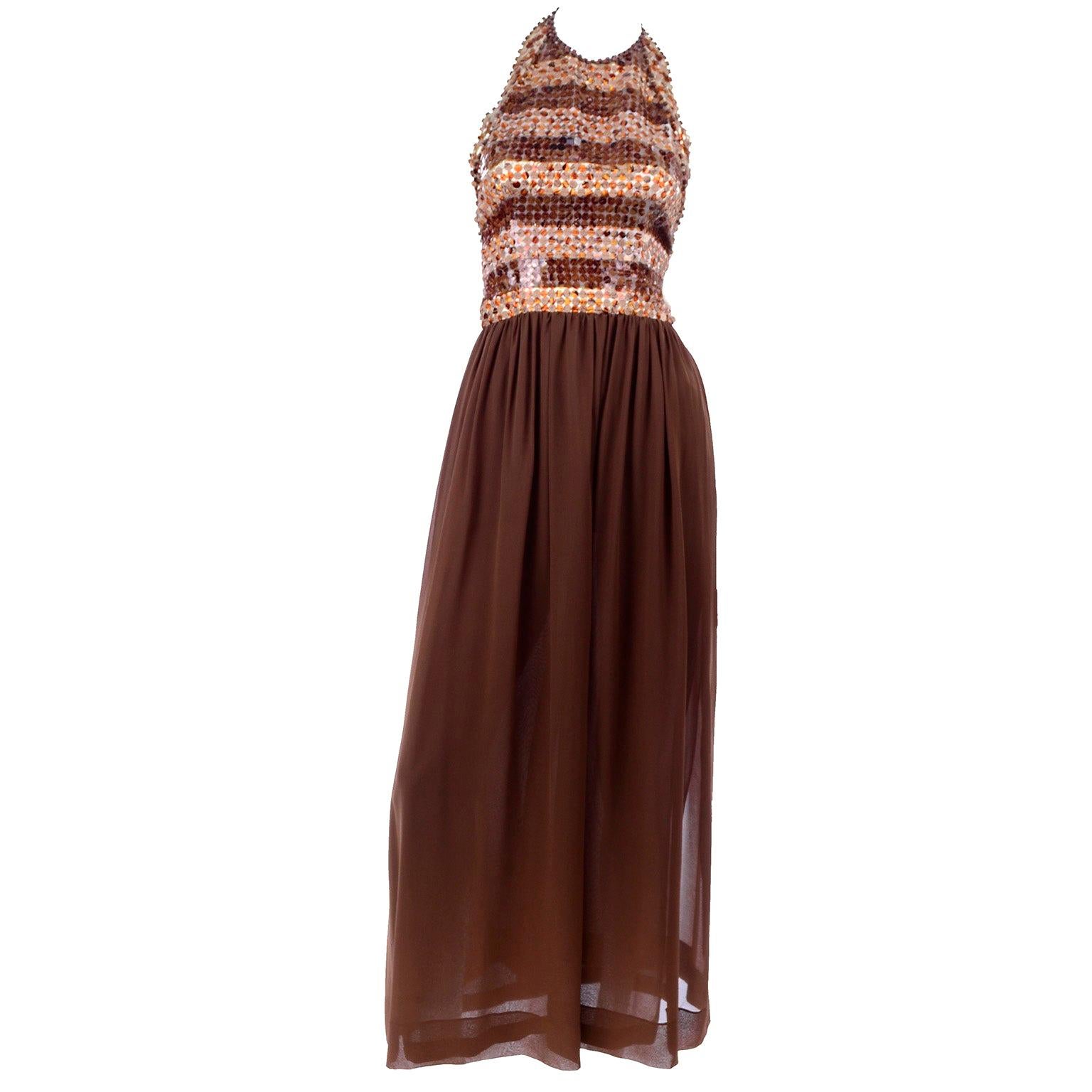 1996 Givenchy Vintage Chocolate Brown Silk Halter Beaded Evening Dress For Sale