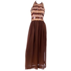 1996 Givenchy Antique Chocolate Brown Silk Halter Beaded Evening Dress