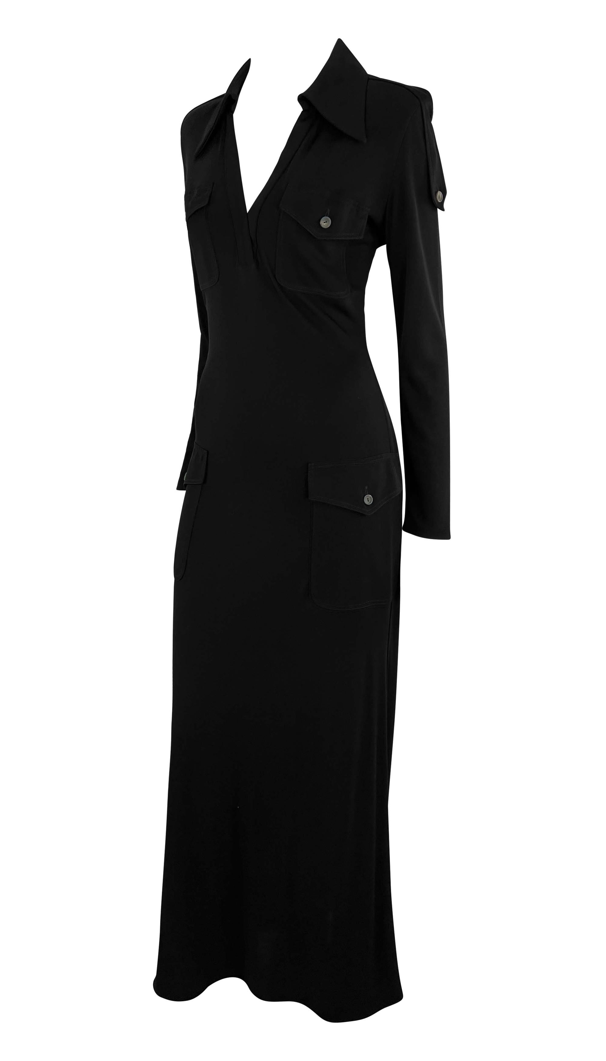 Black 1996 Gucci by Tom Ford Cargo Pocket Plunging Bodycon Gown For Sale