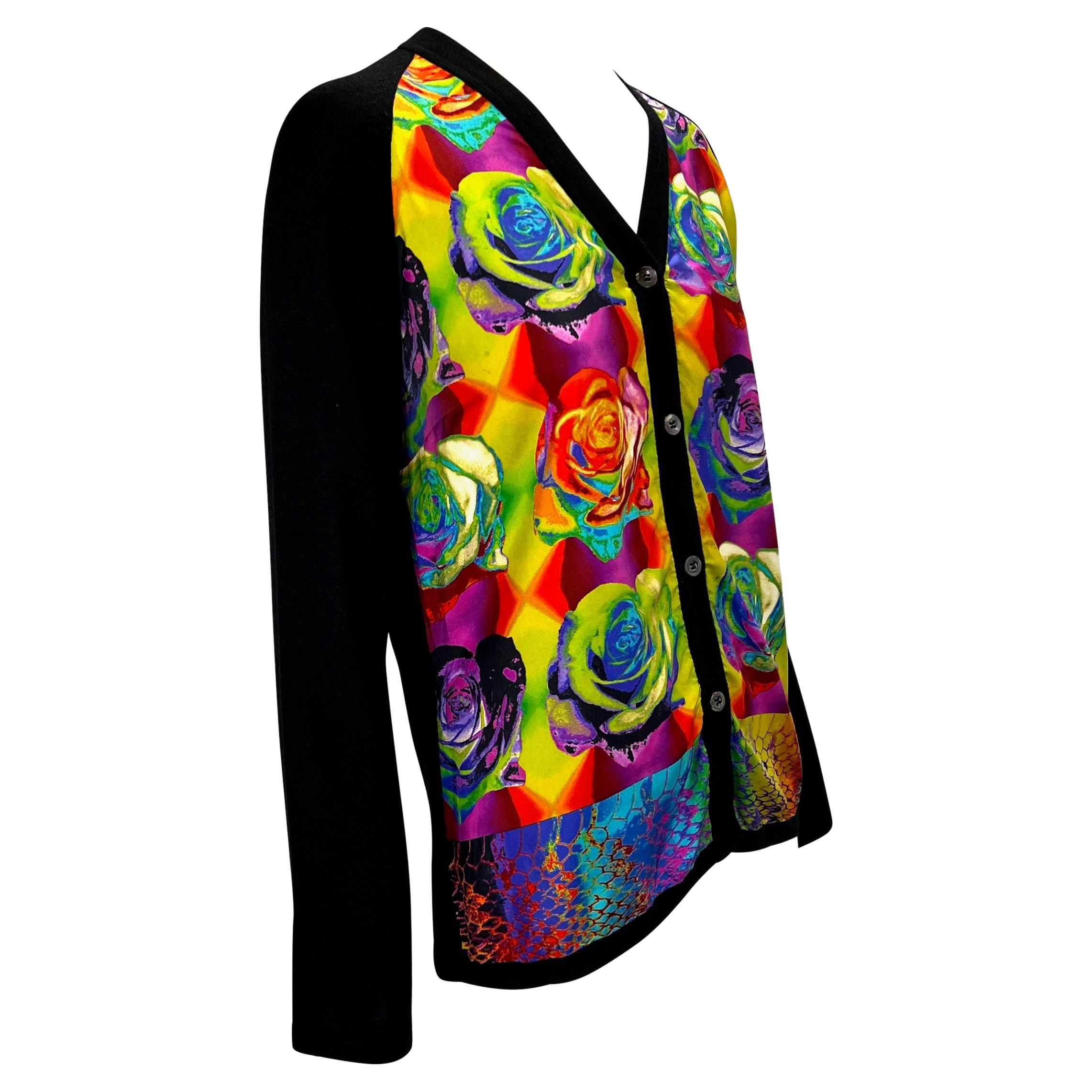 Black 1996 Gucci by Tom Ford Psychedelic Silk Print Wool Panel Cardigan Sweater For Sale