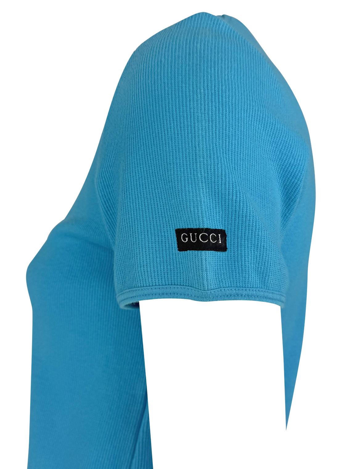 Blue 1996 Gucci by Tom Ford Turquoise Stretch Ribbed Logo T-Shirt Top For Sale