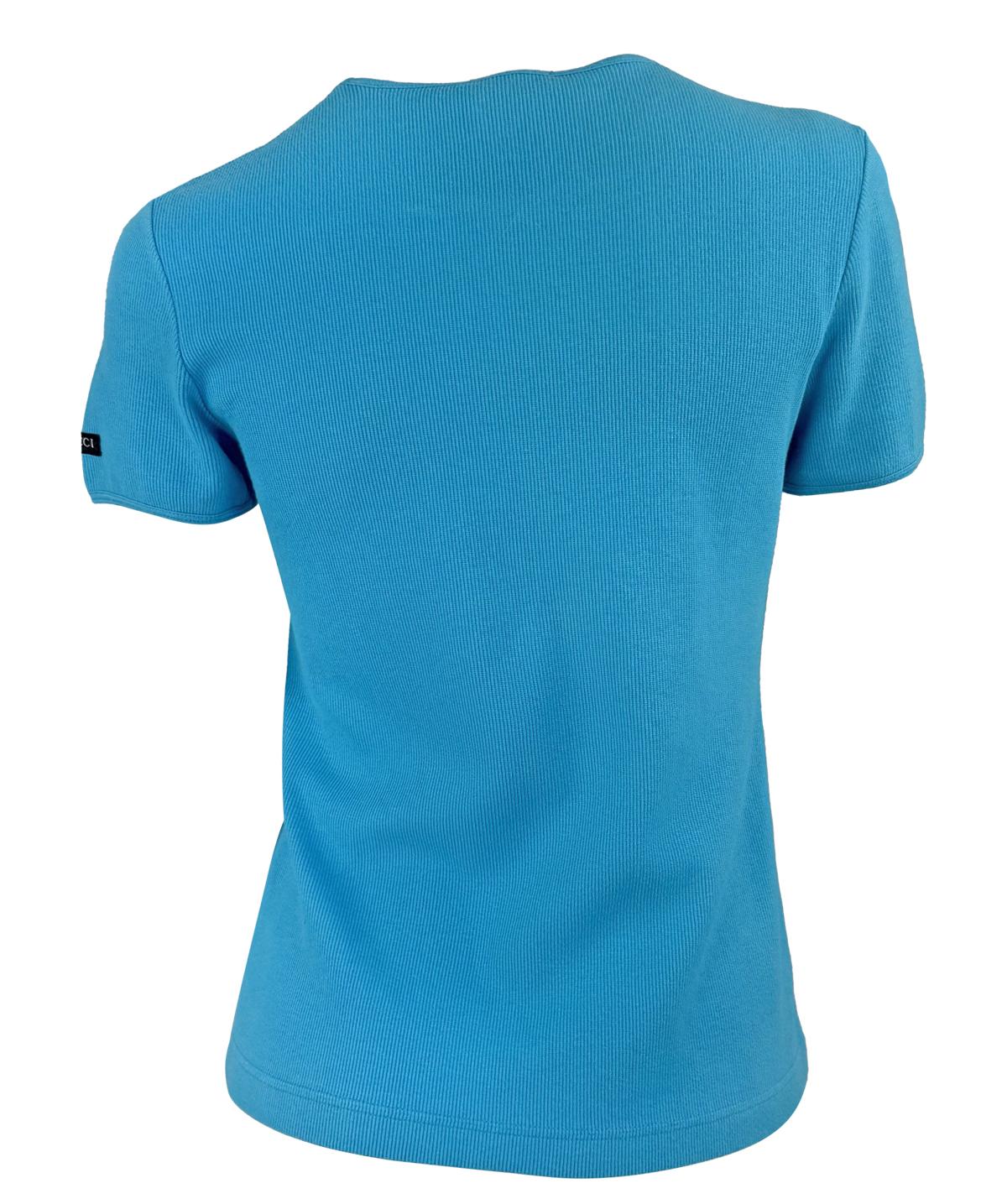 1996 Gucci by Tom Ford Turquoise Stretch Ribbed Logo T-Shirt Top In Excellent Condition For Sale In West Hollywood, CA