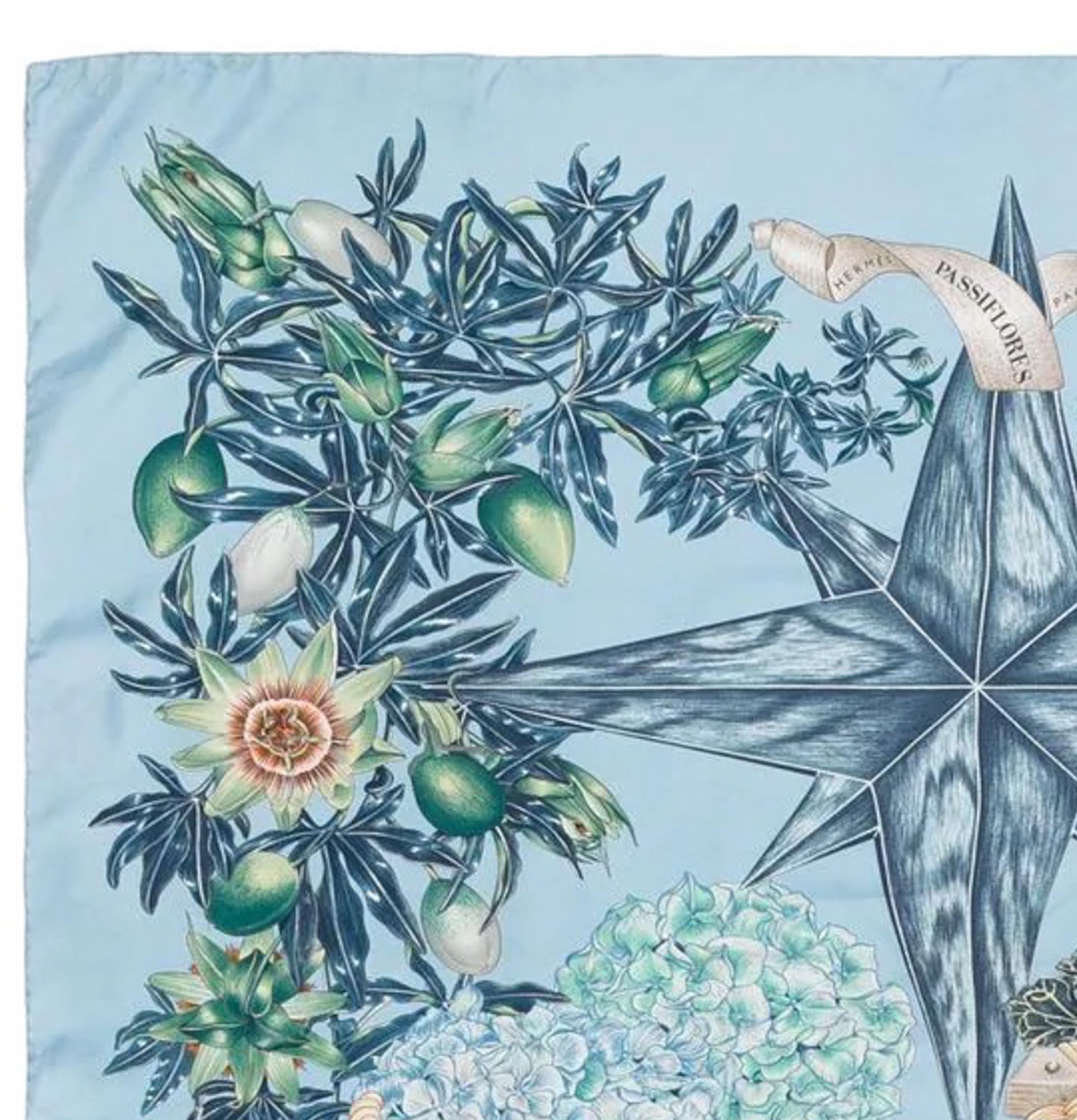 Hermes silk scarf “Passiflores” by Valérie Dawlat-Dumoulin featuring a blue border, a free birds scene and a Hermès signature. 
Circa 1996  
In good vintage condition. Made in France.
35,4in. (90cm)  X 35,4in. (90cm)
We guarantee you will receive
