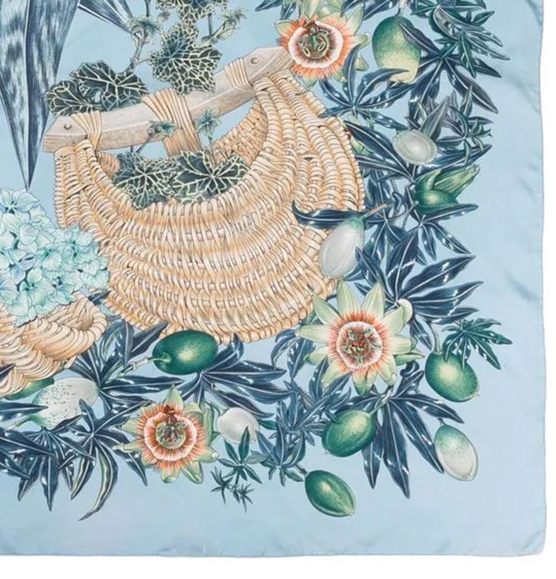 1996 Hermes Blue Passiflores by Valérie Dawlat-Dumoulin Silk Scarf In Good Condition In Paris, FR