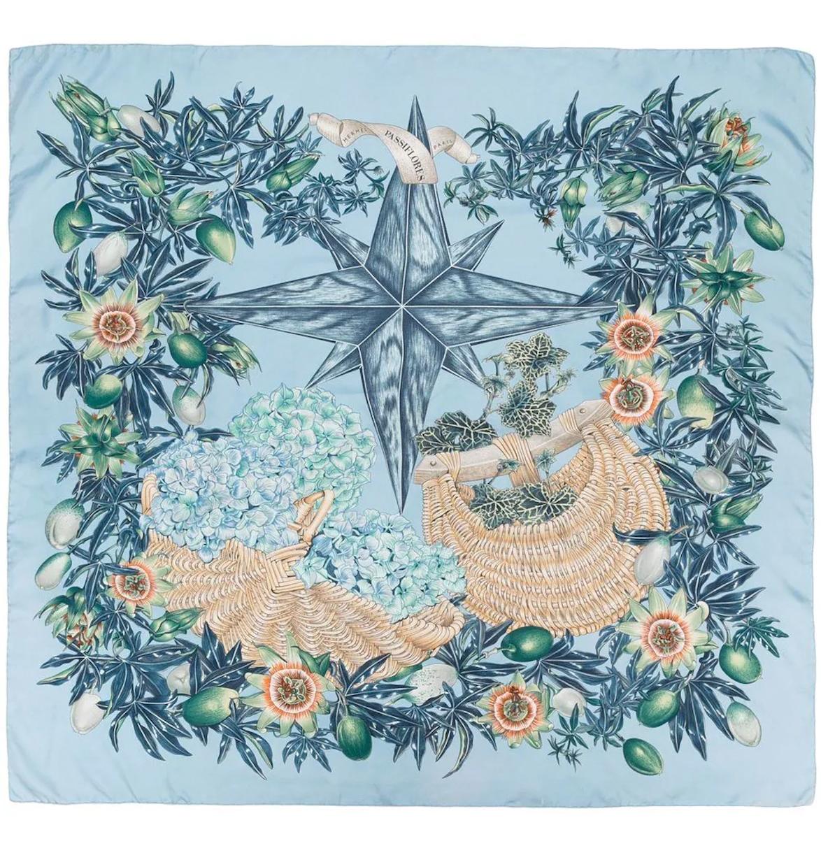 Women's or Men's 1996 Hermes Blue Passiflores by Valérie Dawlat-Dumoulin Silk Scarf