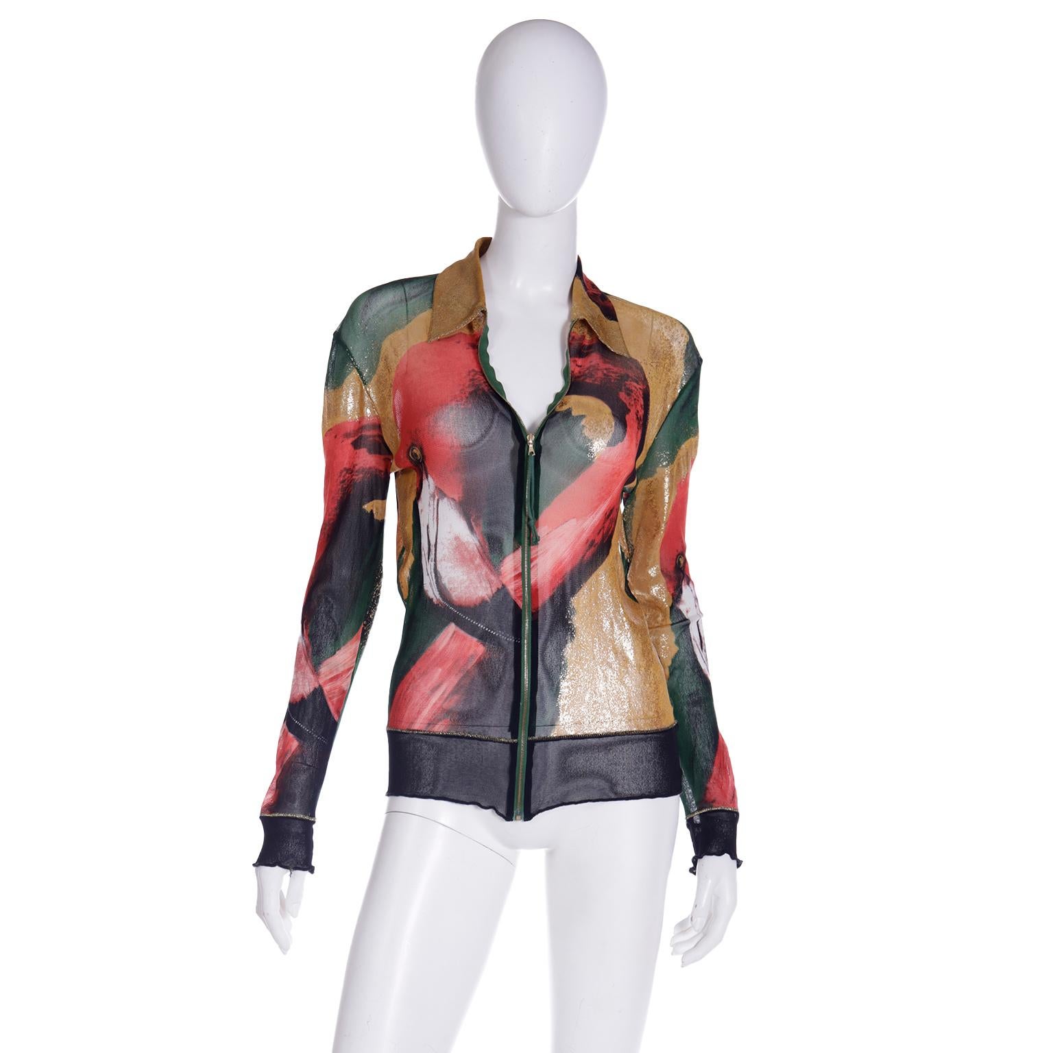Gray 1996 Jean Paul Gaultier Flamingo Mesh Zip Front Collared Top Jacket