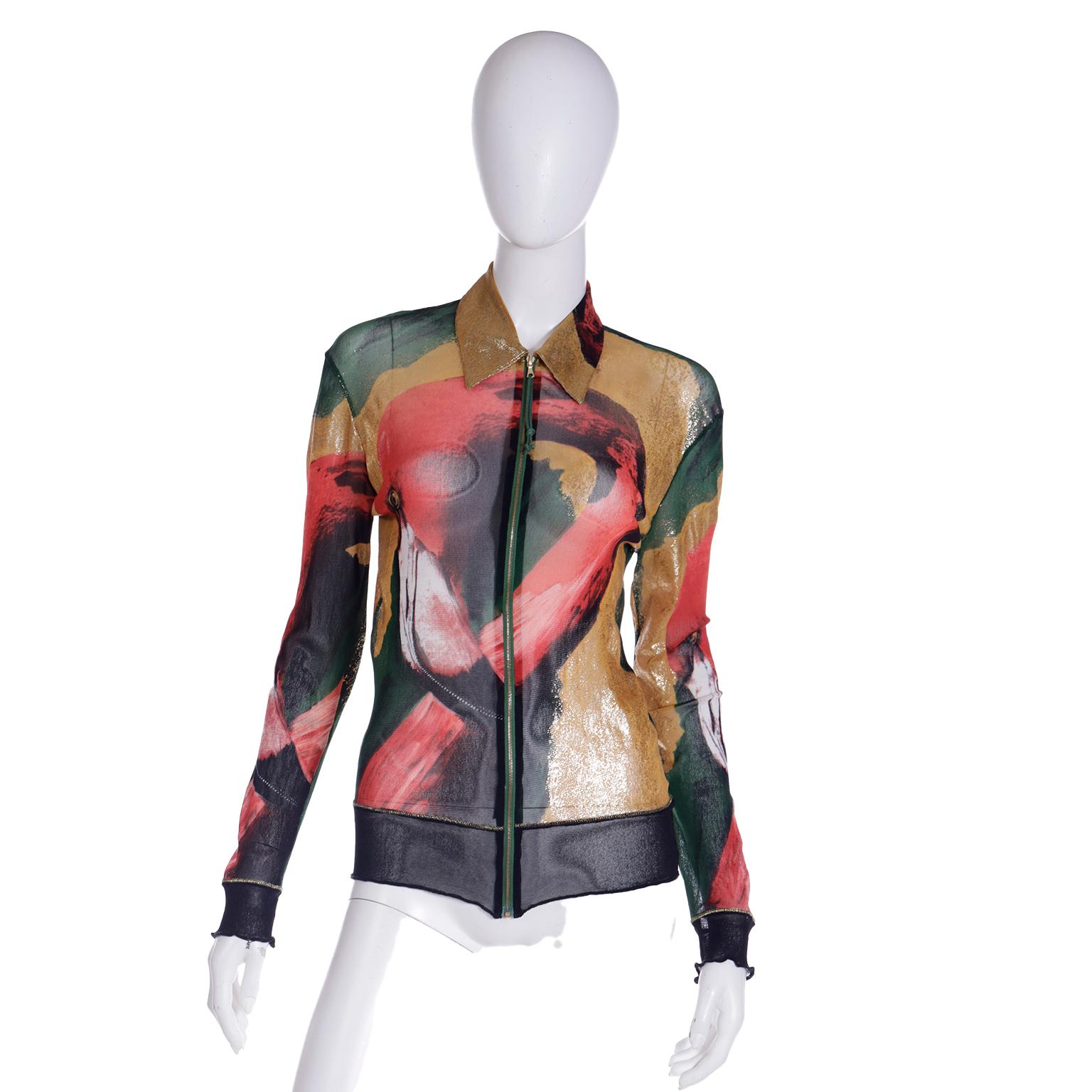 1996 Jean Paul Gaultier Flamingo Mesh Zip Front Collared Top Jacket In Excellent Condition In Portland, OR