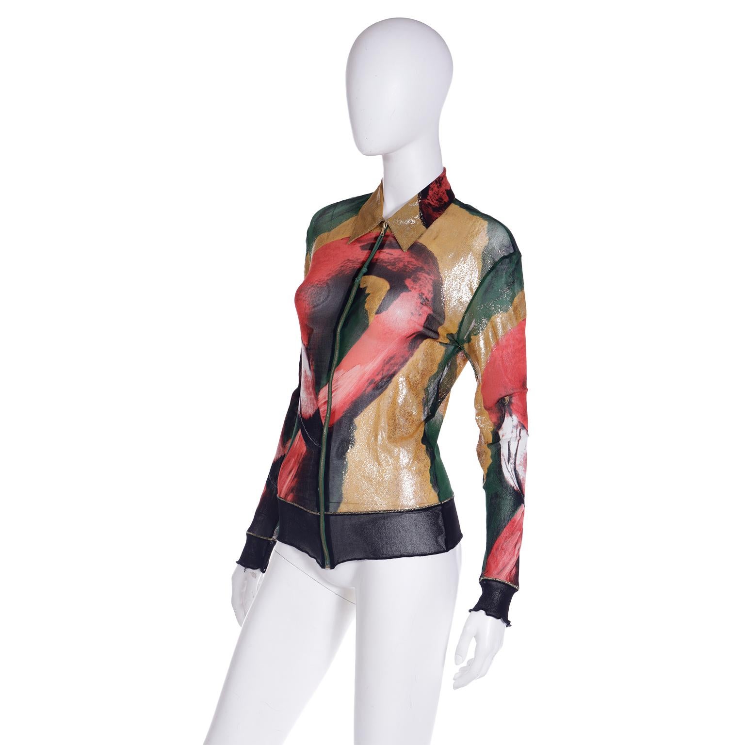 1996 Jean Paul Gaultier Flamingo Mesh Zip Front Collared Top Jacket 2