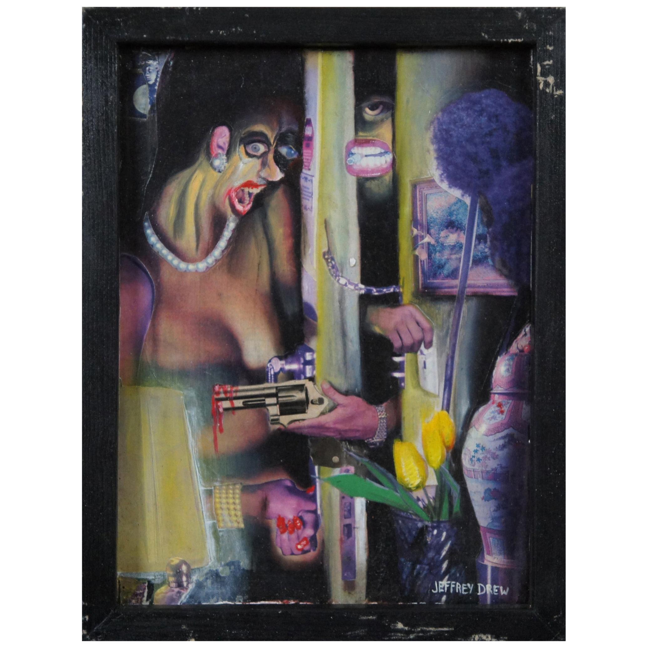 1996 Jeffrey Drew "Hold Up in Apt 3A" Collage multimédia et huile sur panneau en vente