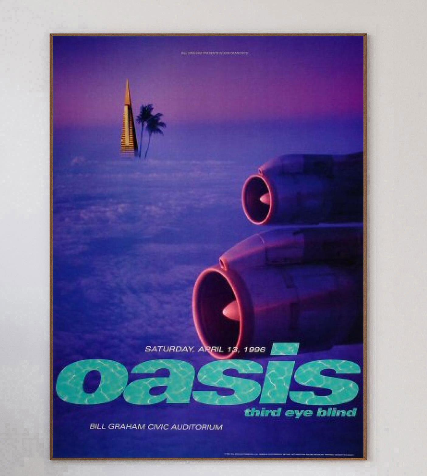 Dieses schöne Plakat wurde 1996 erstellt, um ein Live-Konzert von Oasis im Bill Graham Civic Auditorium in San Francisco zu bewerben. Diese Tournee war der zweite Versuch der legendären britischen Band, Amerika zu 