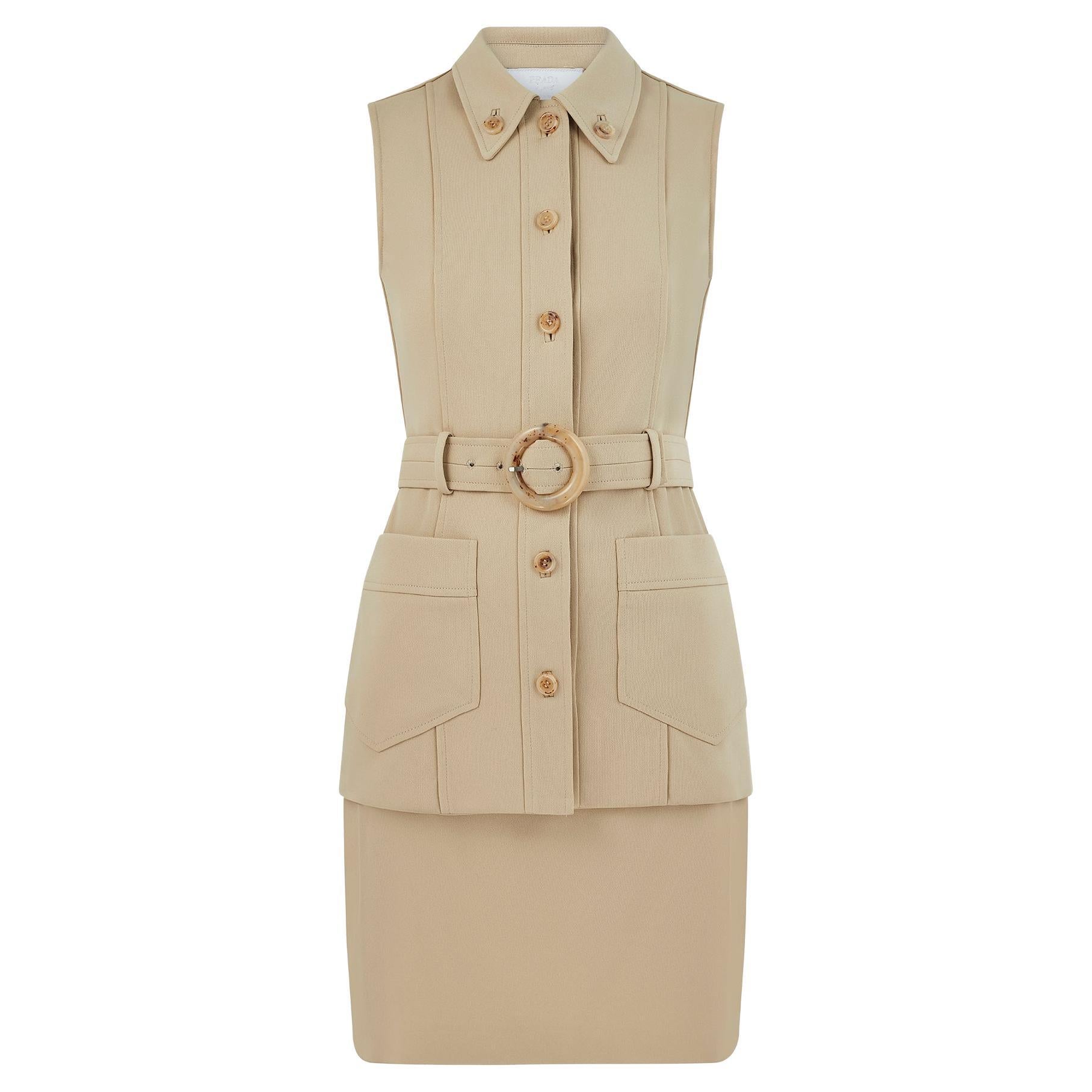 1996 Prada Runway Beige Safari Suit Sleeveless Top and Skirt