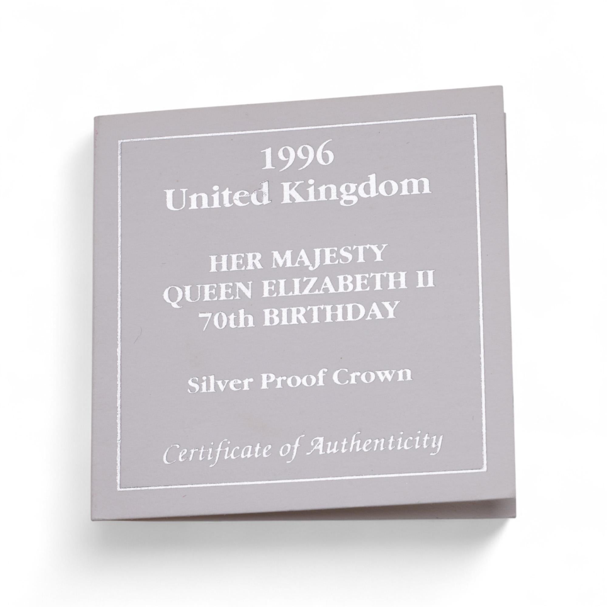 Women's or Men's 1996 Queen Elizabeth II 70th Birthday £5 Silver Proof Crown – Royal Mint Box For Sale
