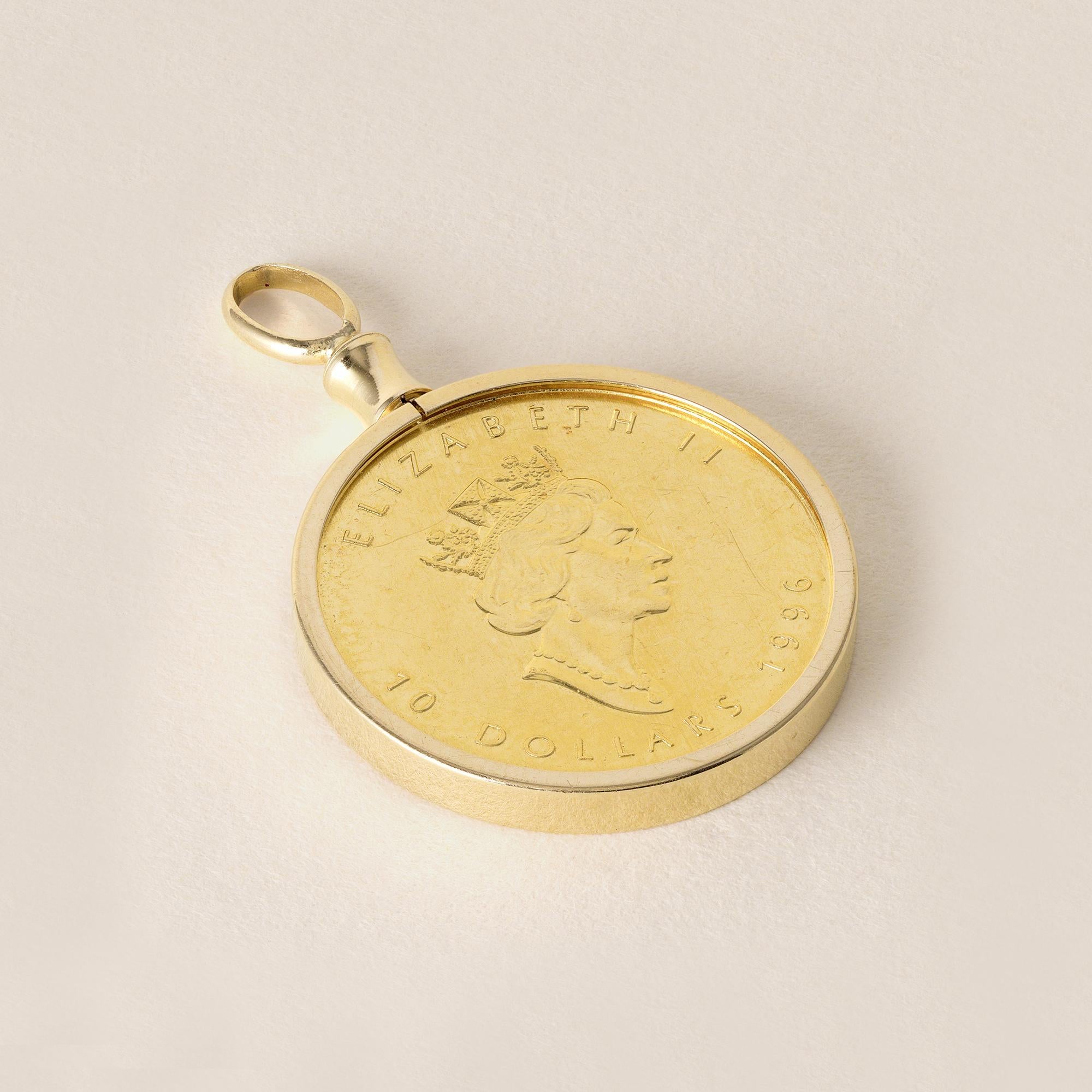 Moderno 1996 Regina Elisabetta Foglia d'Acero Ciondolo di moneta canadese da 10 dollari da 1/4 di OZ d'oro puro in vendita