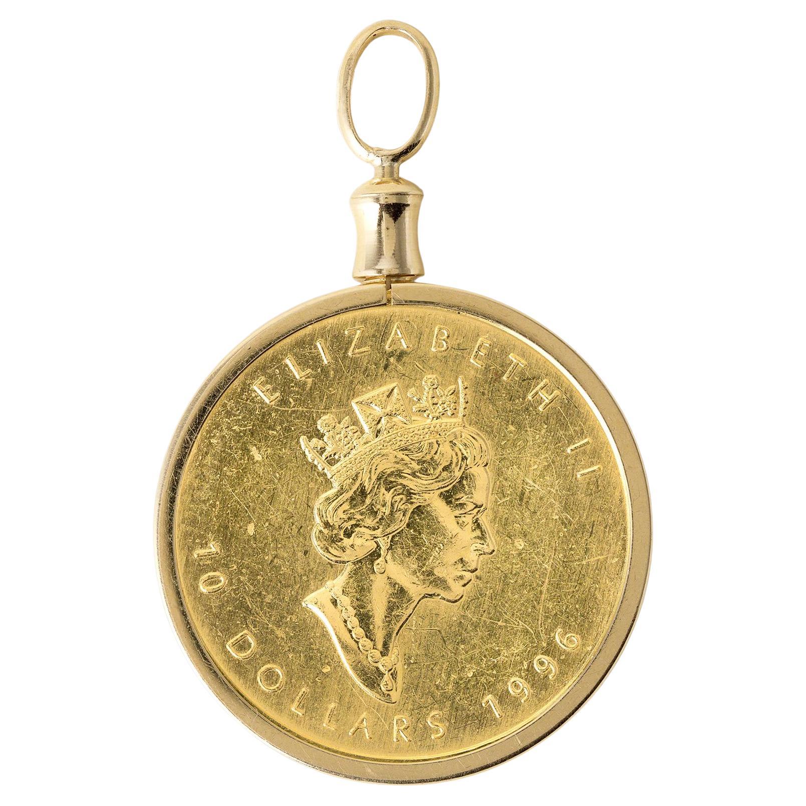 1996 Queen Elizabeth Maple Leaf Canadian 10 Dollar Coin Pendentif 1/4 OZ Pure Gold