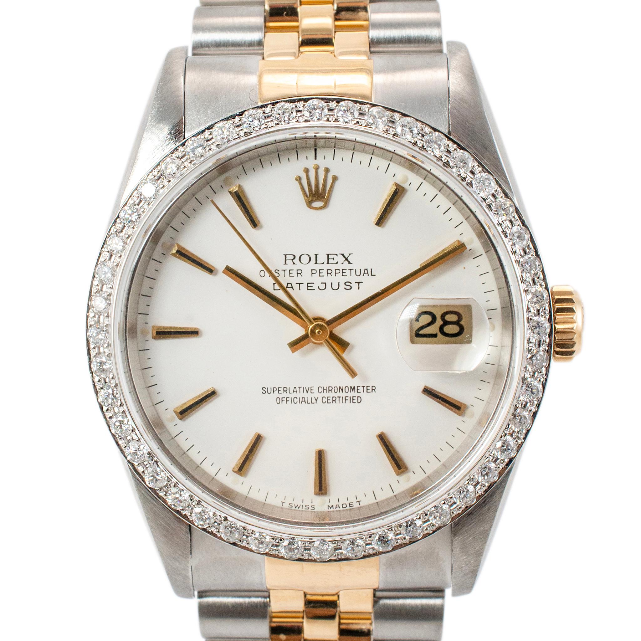 Brand: Rolex

Gender: Unisex

Metal Type: 18K Yellow Gold and Stainless Steel

Diameter: 36.00 mm

Weight: 99.40 grams

18K Yellow Gold and Stainless Steel diamond ROLEX Swiss-made watch. The metals were tested and determined to be 18K yellow gold
