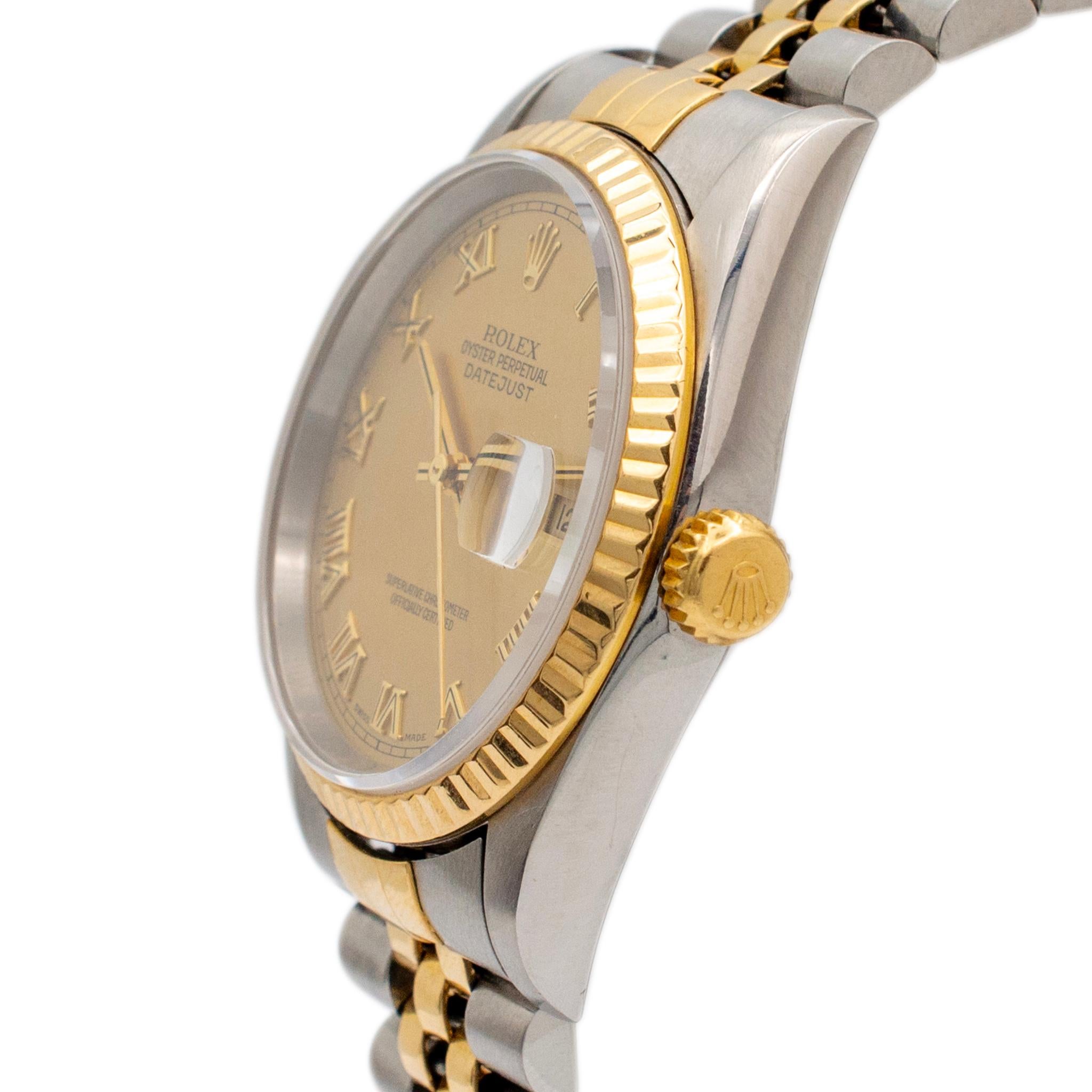 1996 Rolex Datejust 36MM 16233 Roman Dial Jubilee Yellow Gold Steel Watch In Excellent Condition In Houston, TX