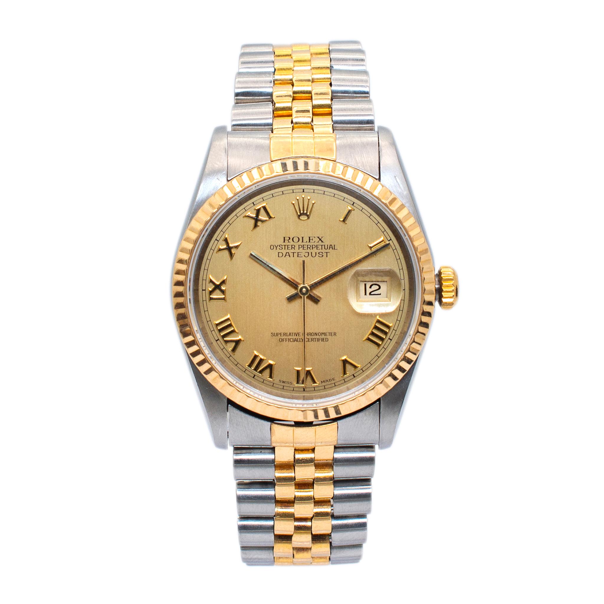 1996 Rolex Datejust 36MM 16233 Roman Dial Jubilee Yellow Gold Steel Watch
