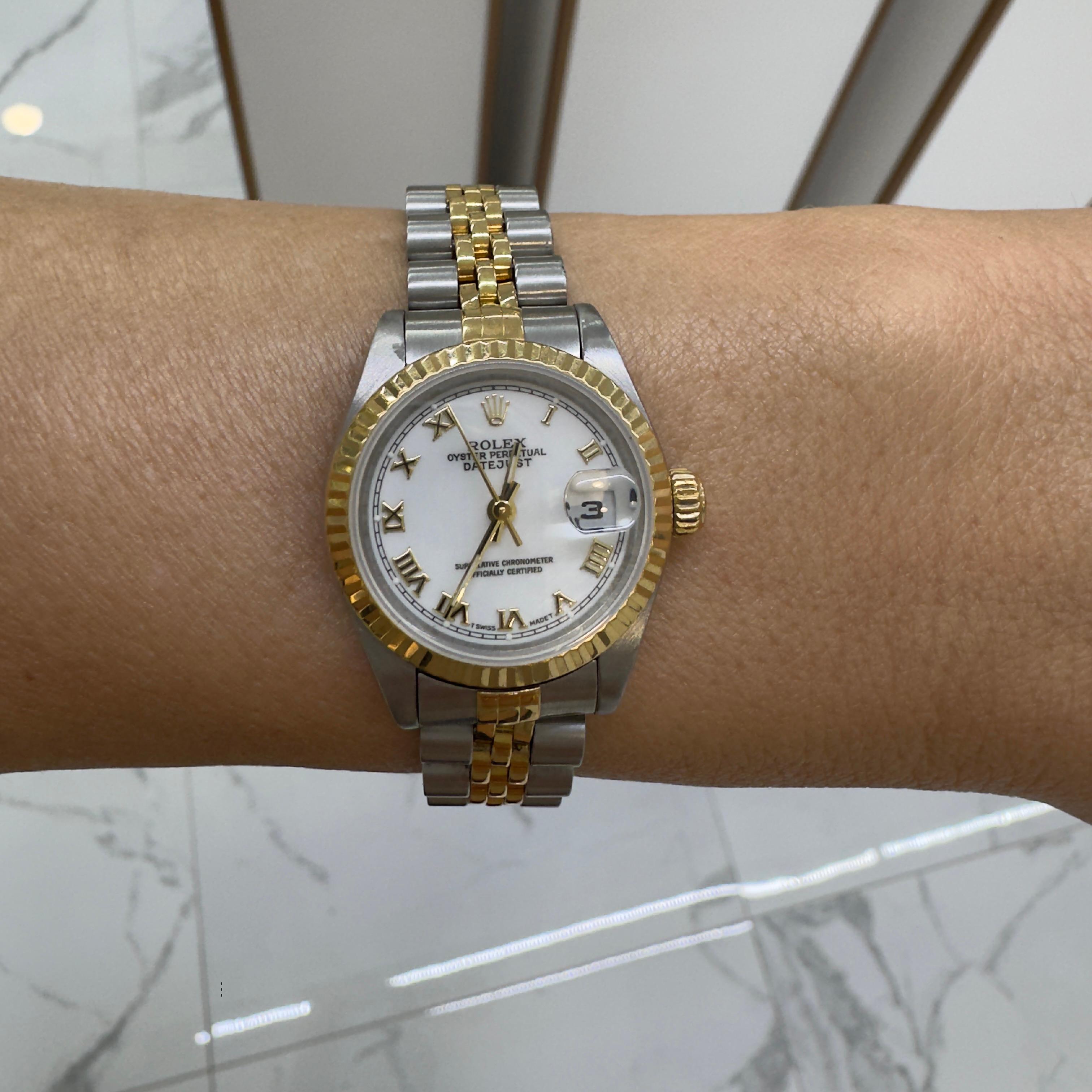 1996 Rolex Lady Datejust 26MM 69173 Weiße römische 18K Gelbgold & Stahluhr 4