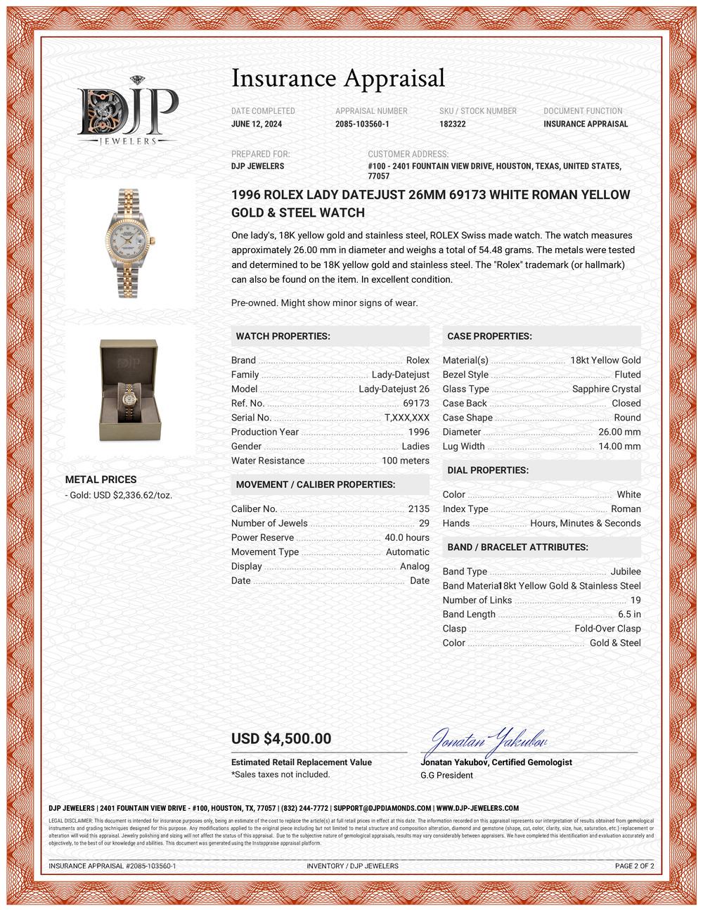 1996 Rolex Lady Datejust 26MM 69173 Weiße römische 18K Gelbgold & Stahluhr 5
