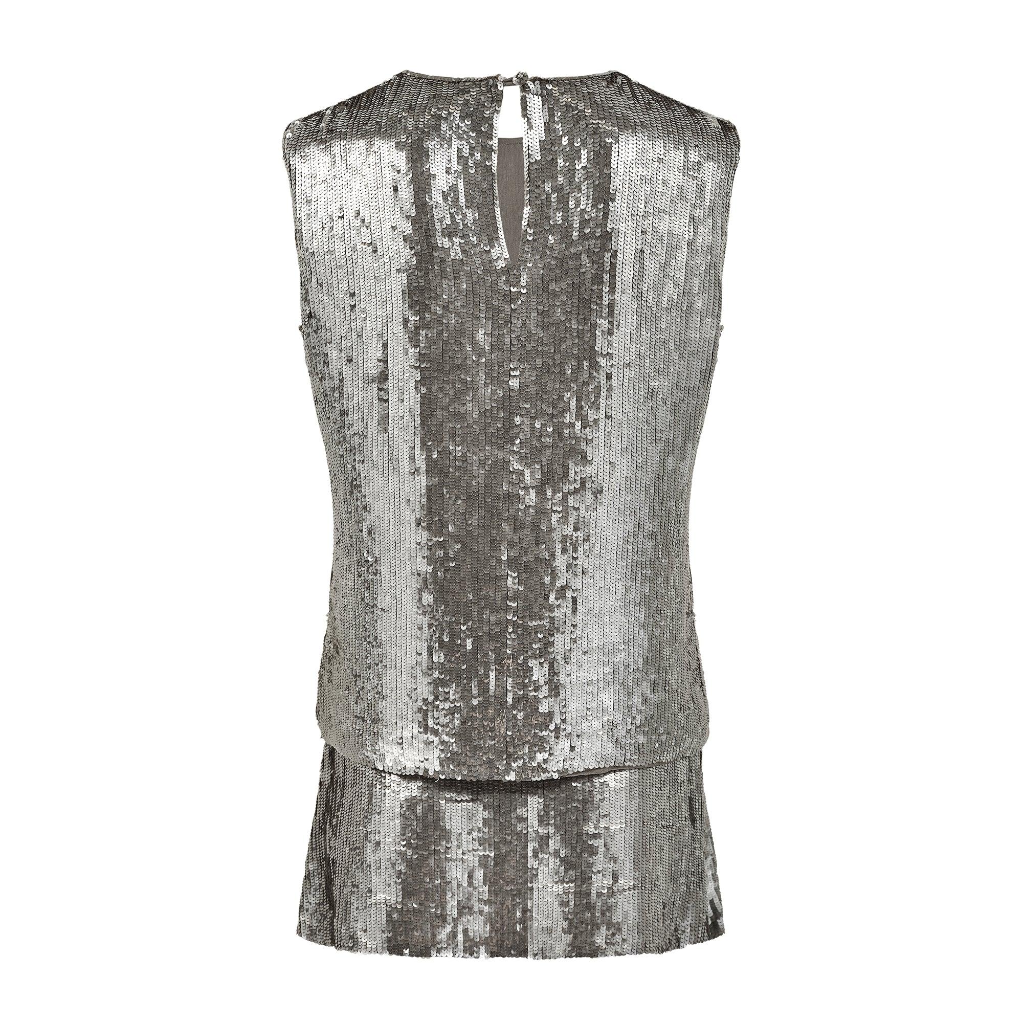 Argent Katharine Hamnett, mini-jupe et haut à sequins argentés, défilé 1996 en vente