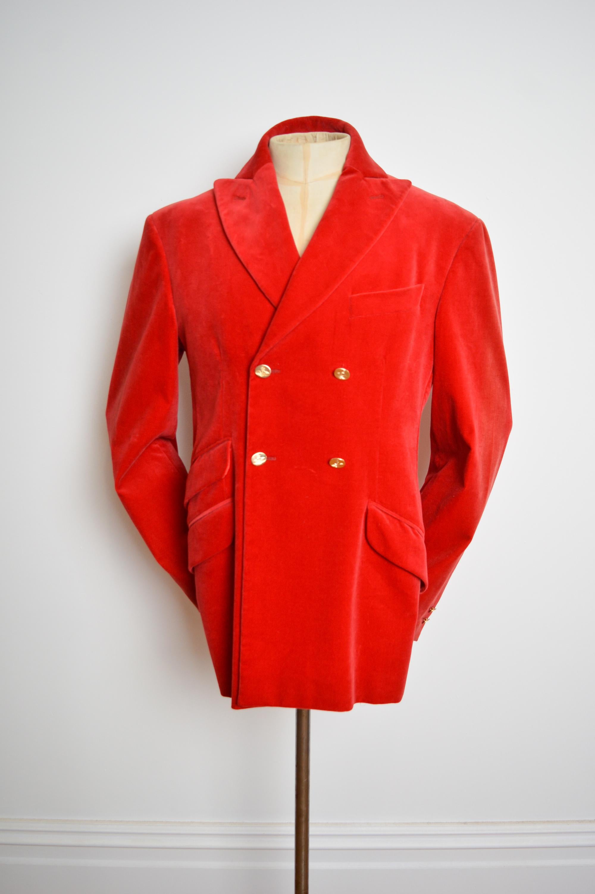 1996 Runway Vivienne Westwood MAN Red Velvet Double breasted Blazer Suit Jacket In Good Condition In Sheffield, GB