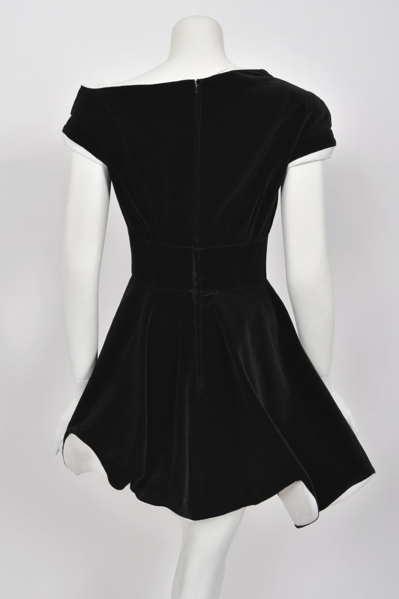 1996 Thierry Mugler Black Velvet & White Silk Sculpted Futuristic Mini Dress For Sale 7