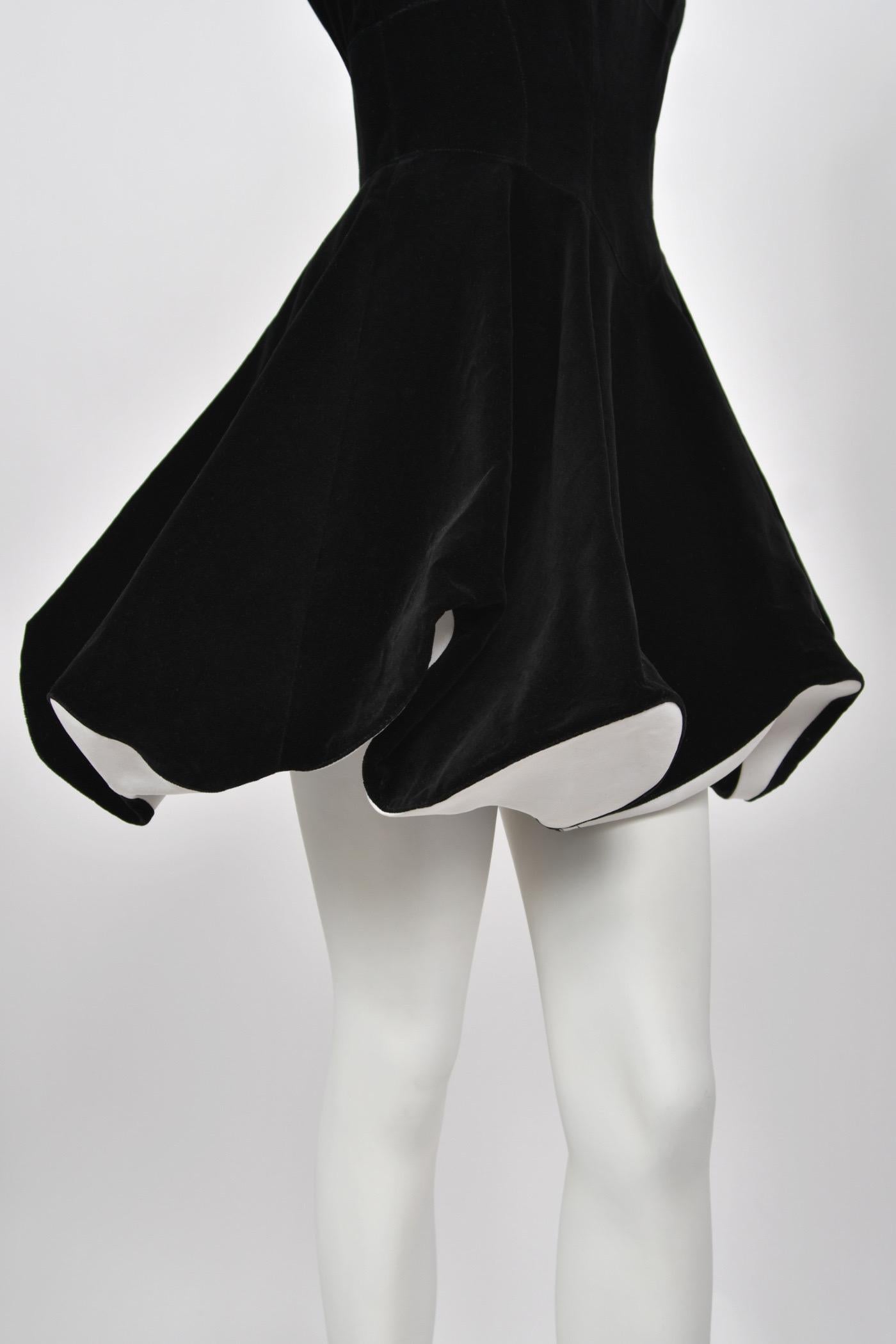 1996 Thierry Mugler Black Velvet & White Silk Sculpted Futuristic Mini Dress For Sale 3