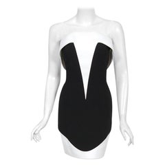 1996 Thierry Mugler Couture Archivo Blanco Negro Futurista Mini Vestido Sin Tirantes