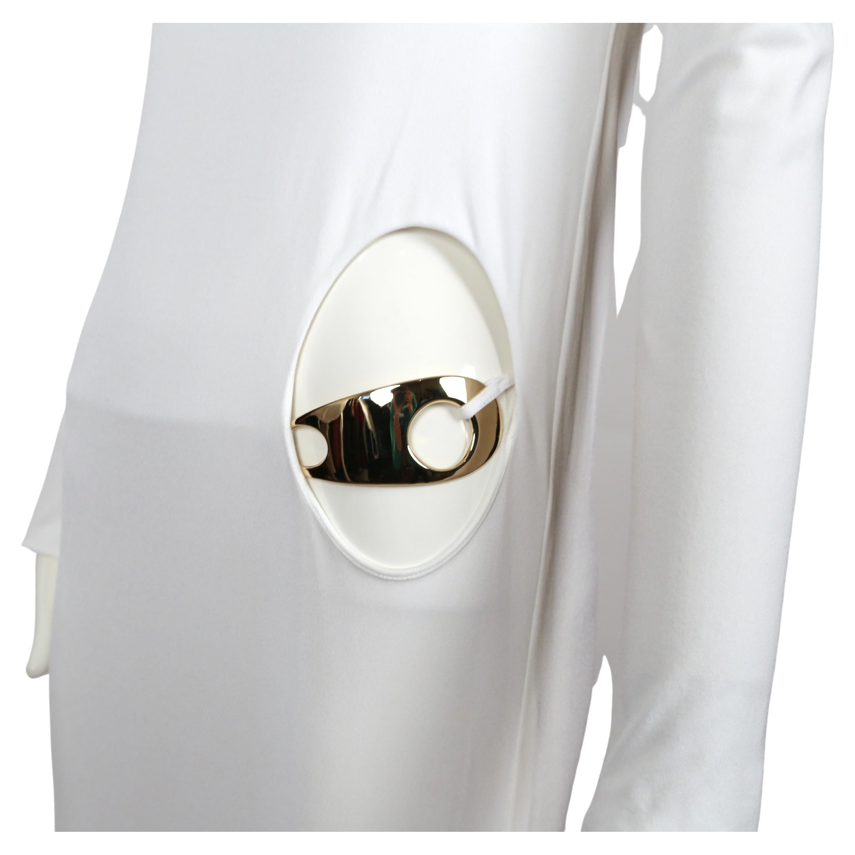 1996 Tom Ford for Gucci white jersey gown with cut out hip & gold belt buckle 6