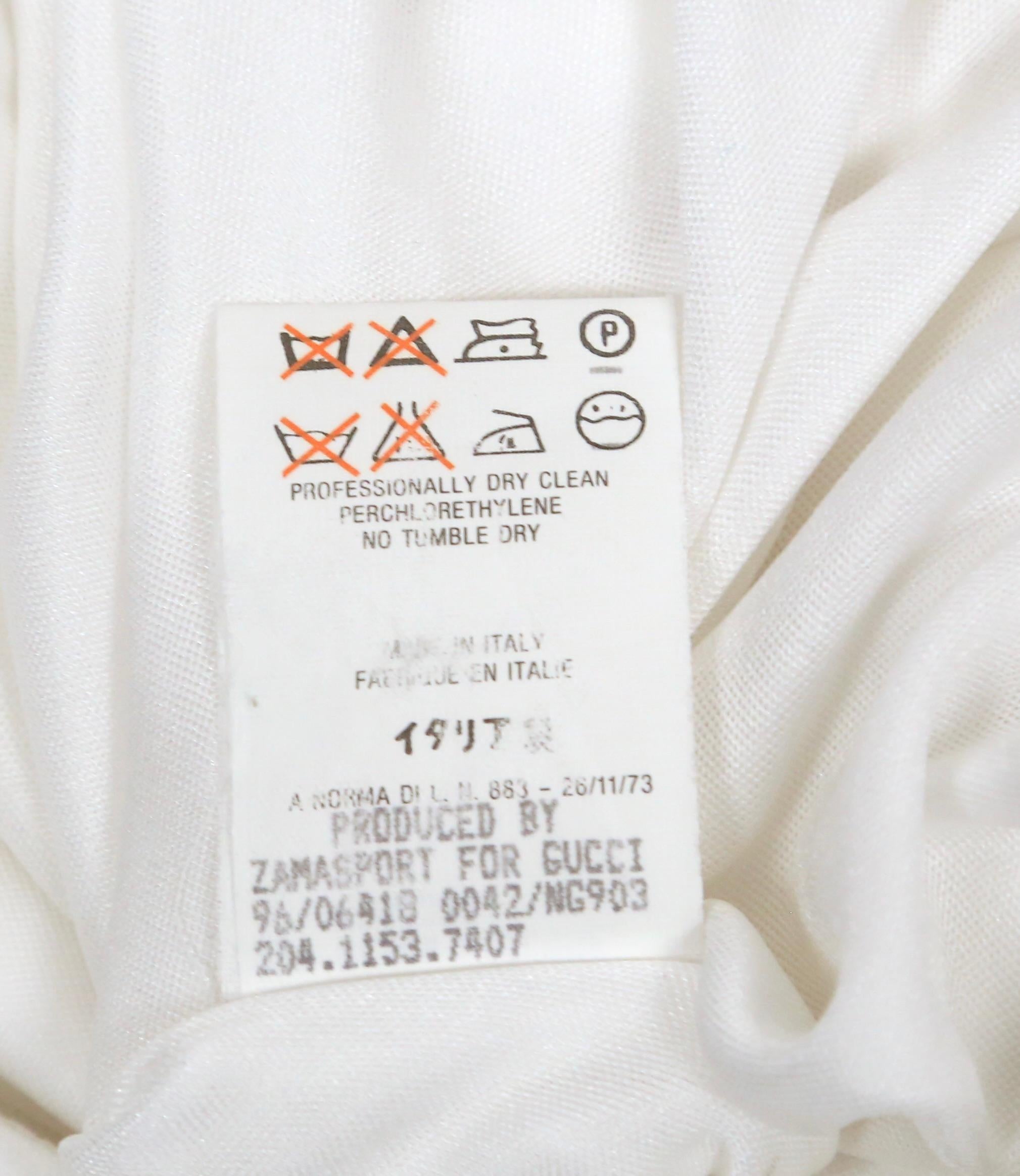 1996 Tom Ford for Gucci white jersey gown with cut out hip & gold belt buckle 11