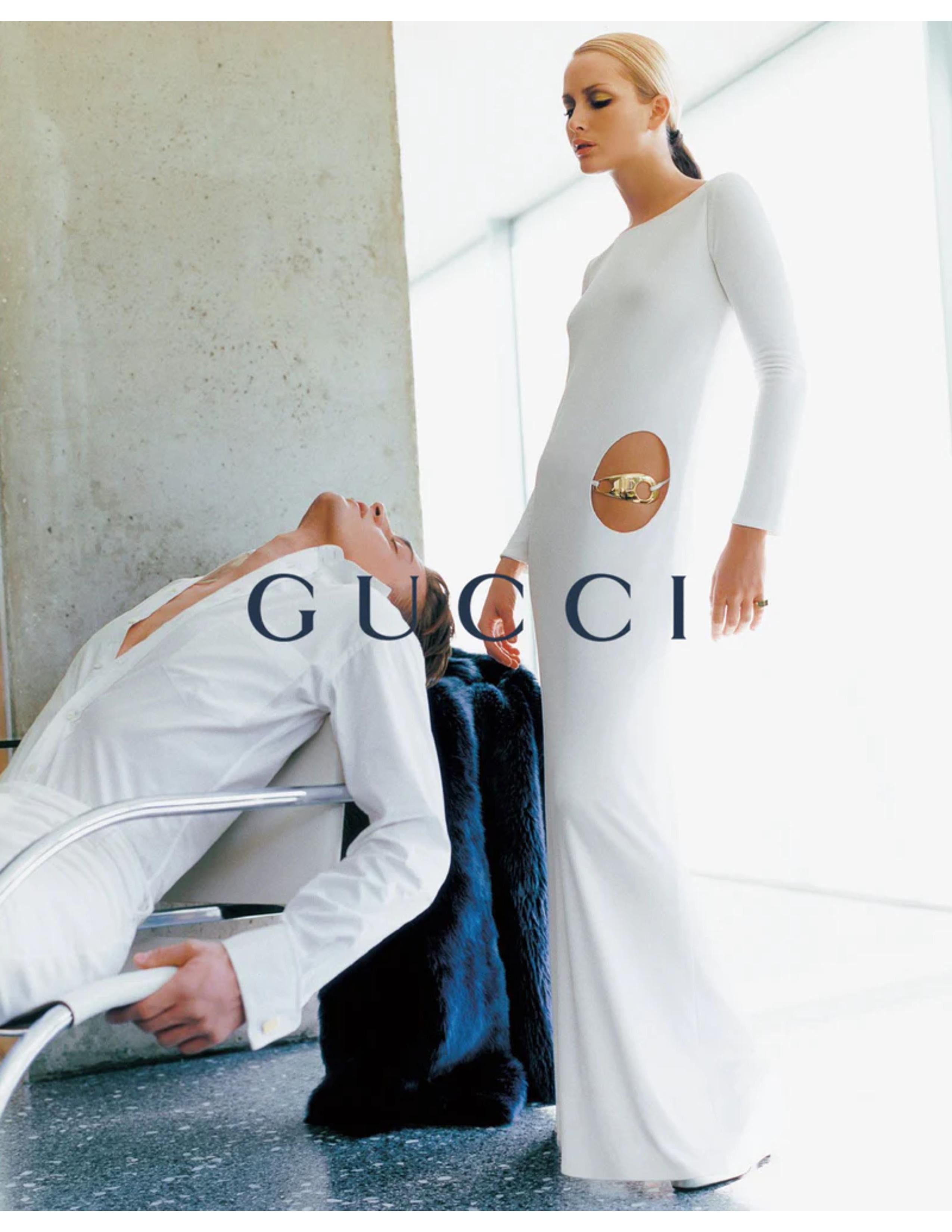 1996 Tom Ford for Gucci white jersey gown with cut out hip & gold belt buckle 14