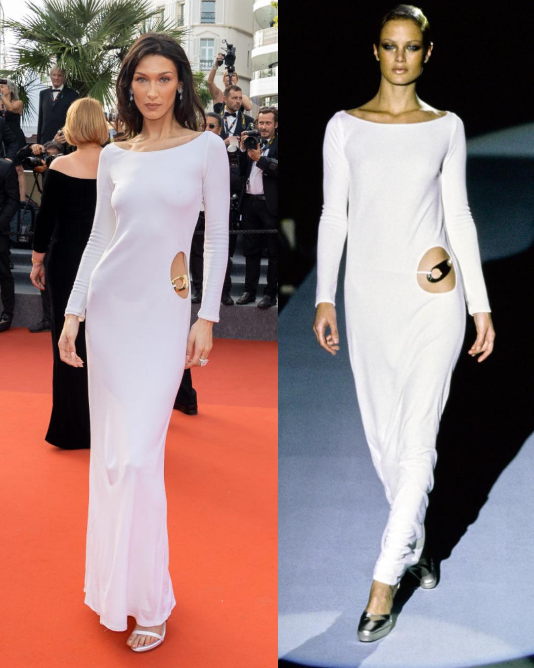 1996 Tom Ford for Gucci white jersey gown with cut out hip & gold belt buckle 15