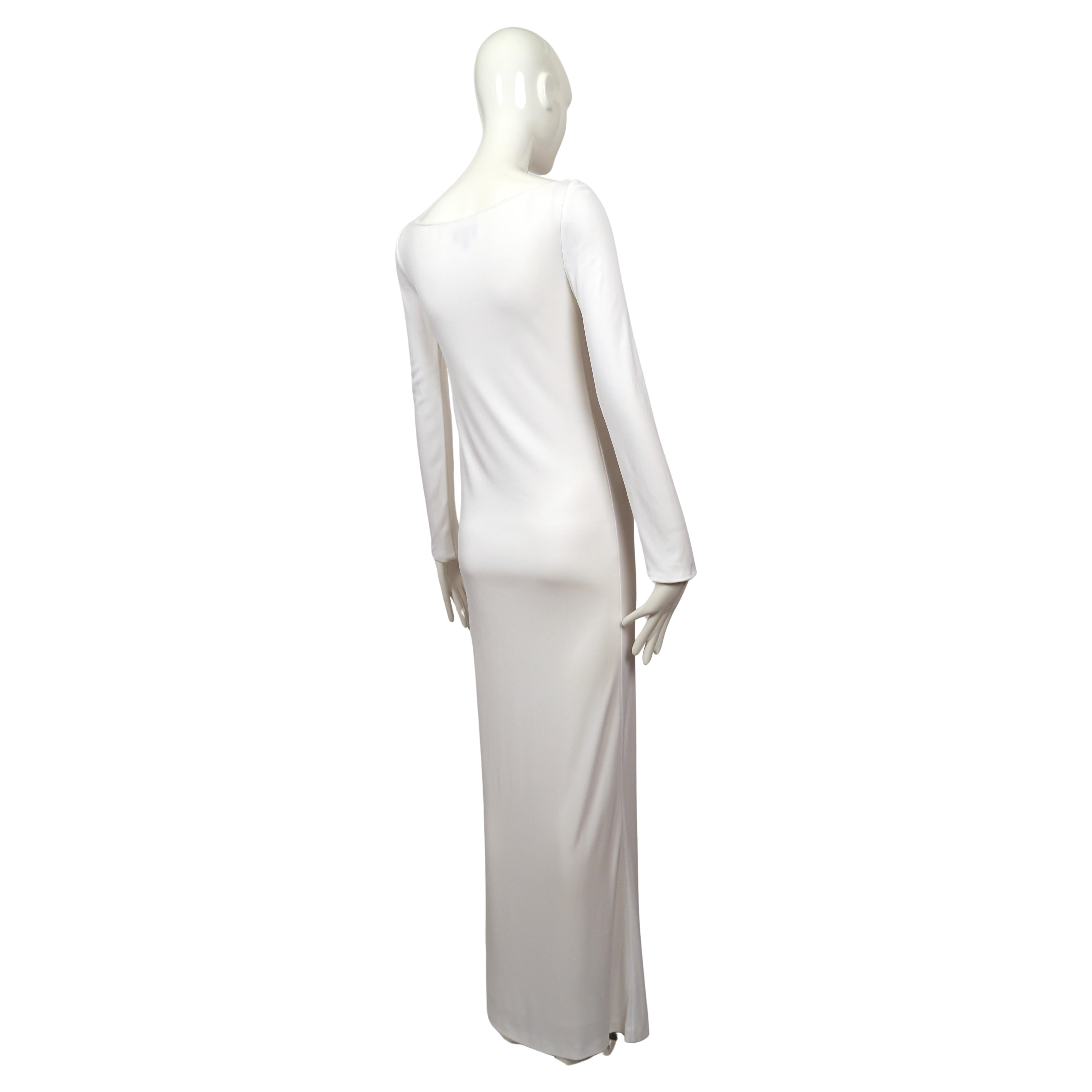 1996 Tom Ford for Gucci white jersey gown with cut out hip & gold belt buckle 1