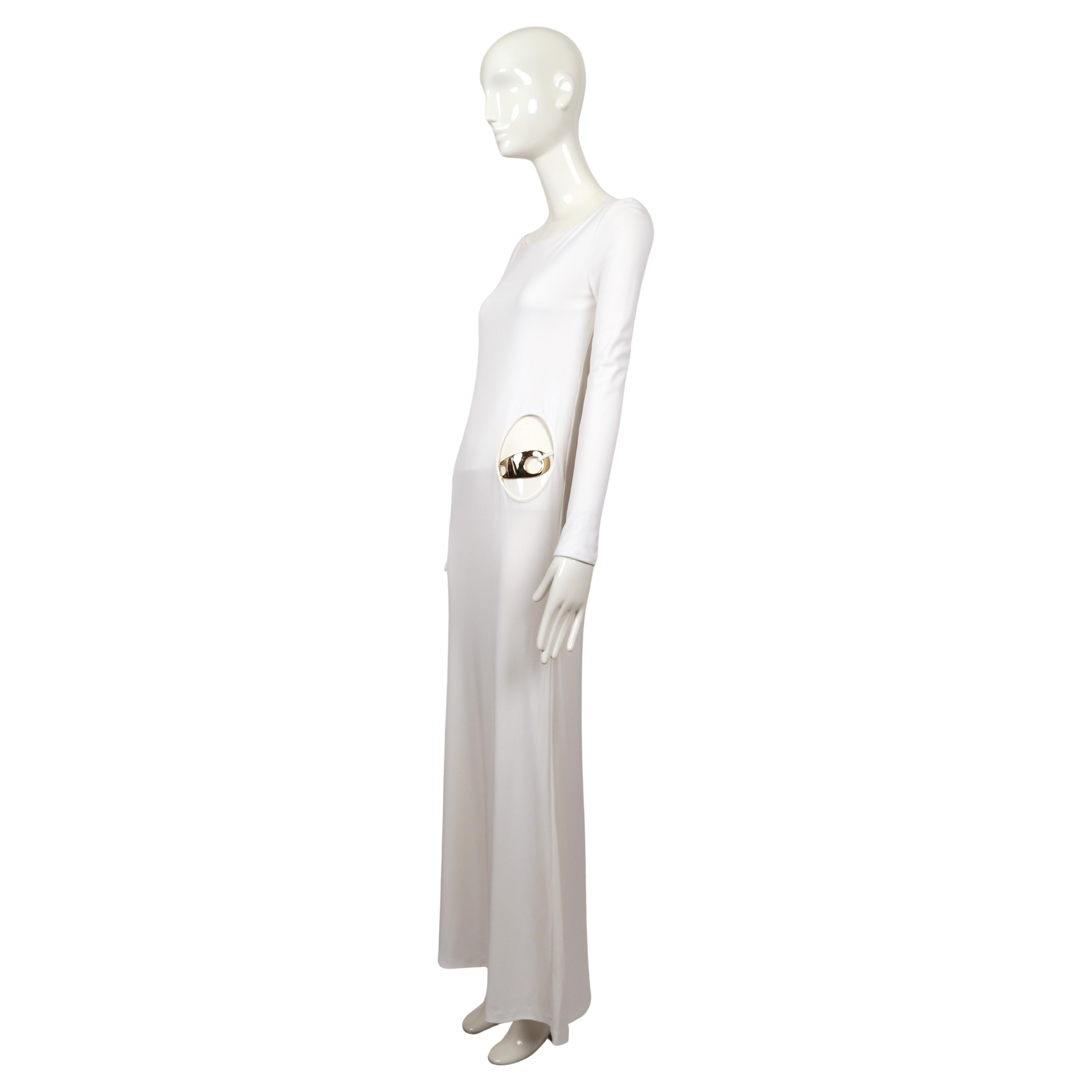 1996 Tom Ford for Gucci white jersey gown with cut out hip & gold belt buckle 2