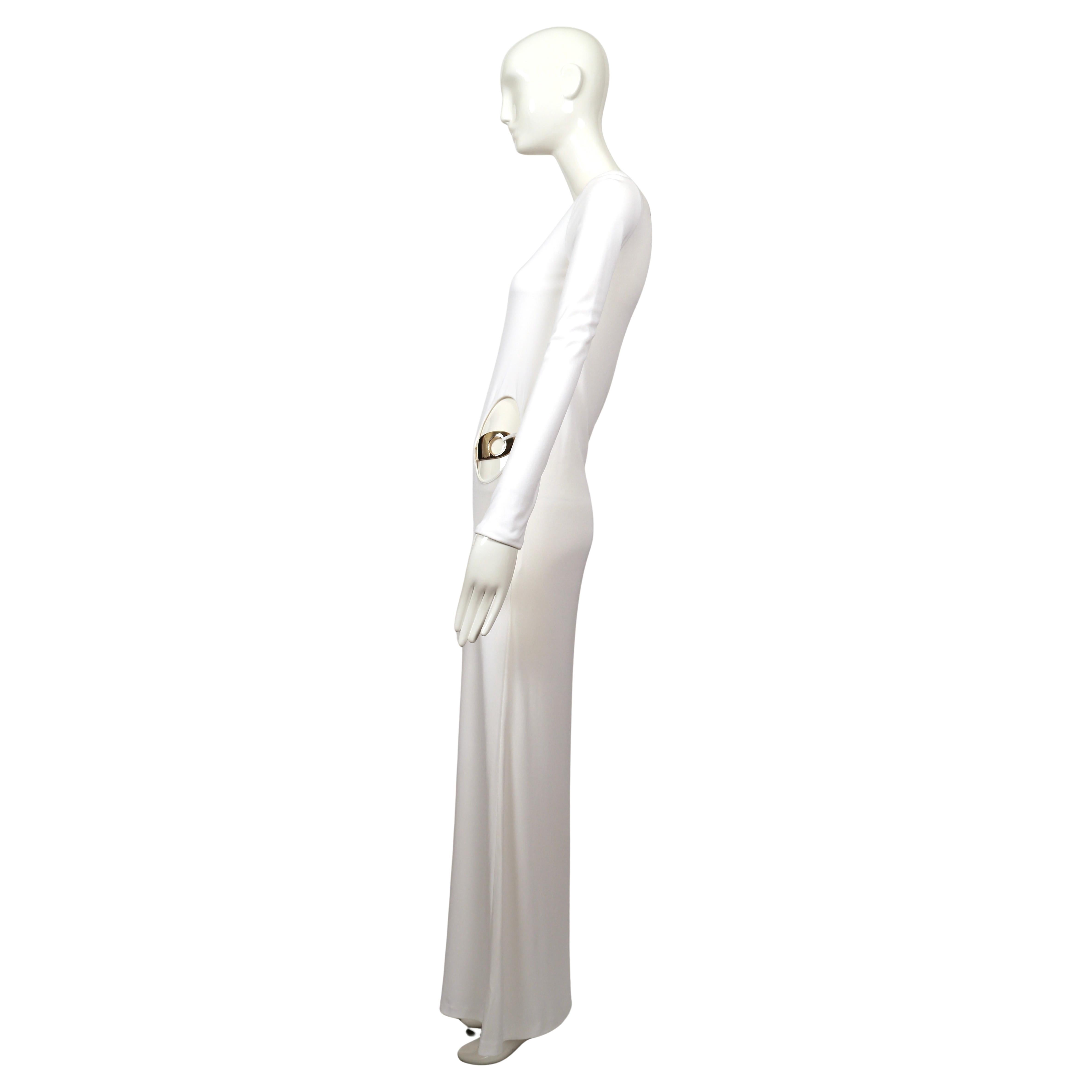 1996 Tom Ford for Gucci white jersey gown with cut out hip & gold belt buckle 3