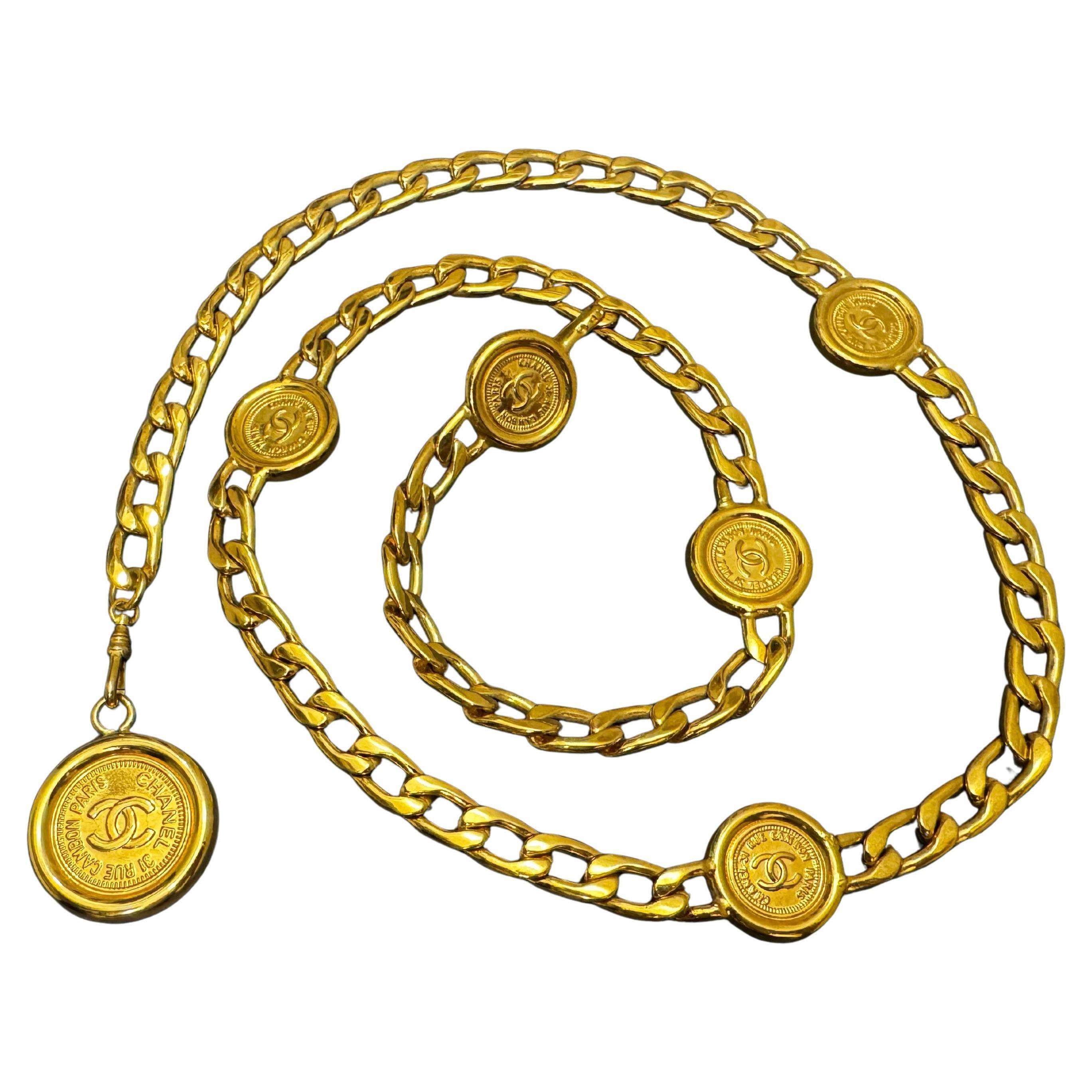 1996 Vintage CHANEL Gold Toned Cambon Coin Chain Belt For Sale