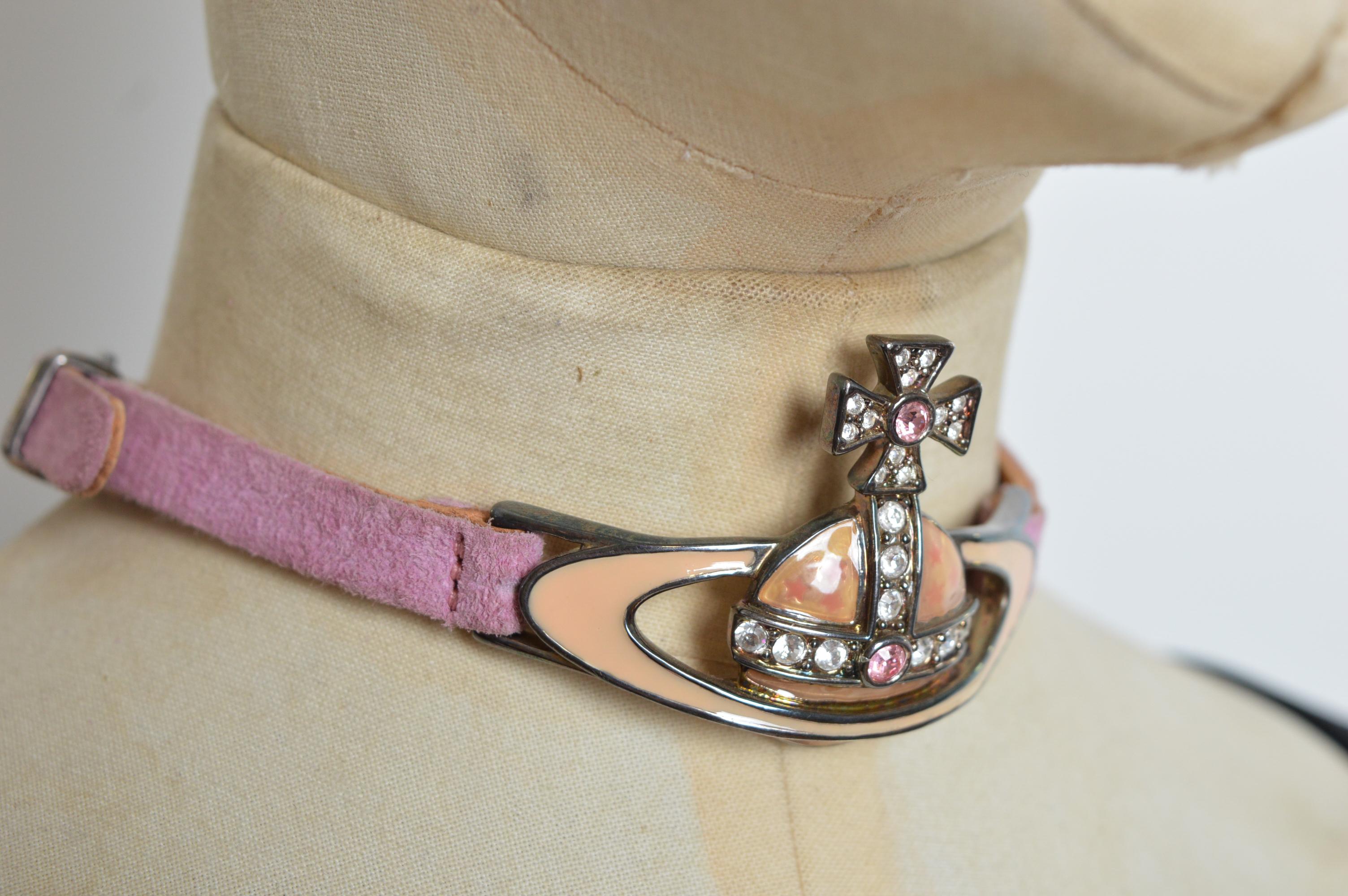 Beige 1996 Vivienne Westwood Pink Rhinestone Orb Suede Choker - Necklace For Sale