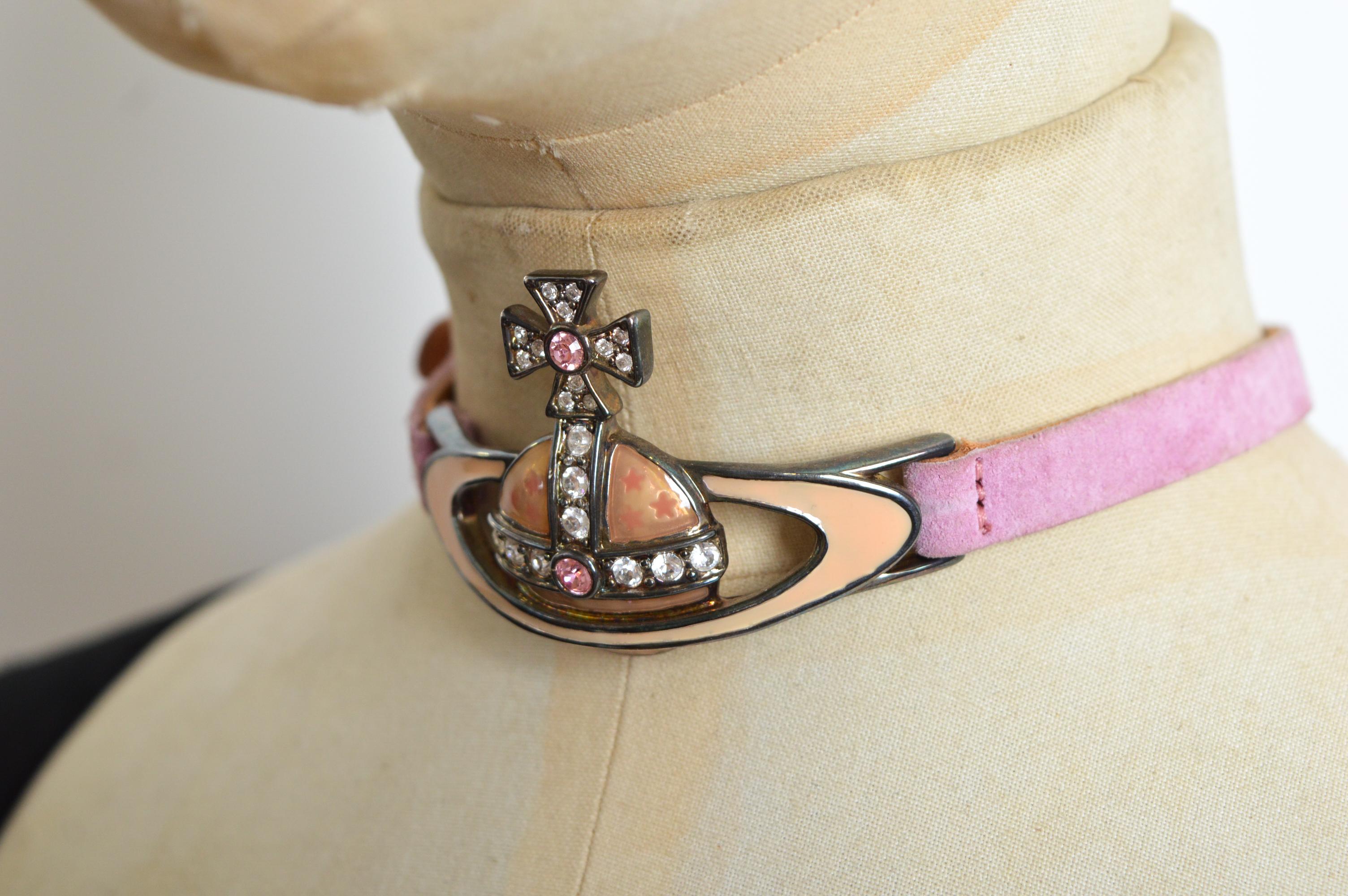 1996 Vivienne Westwood Pink Rhinestone Orb Suede Choker - Necklace For Sale 3